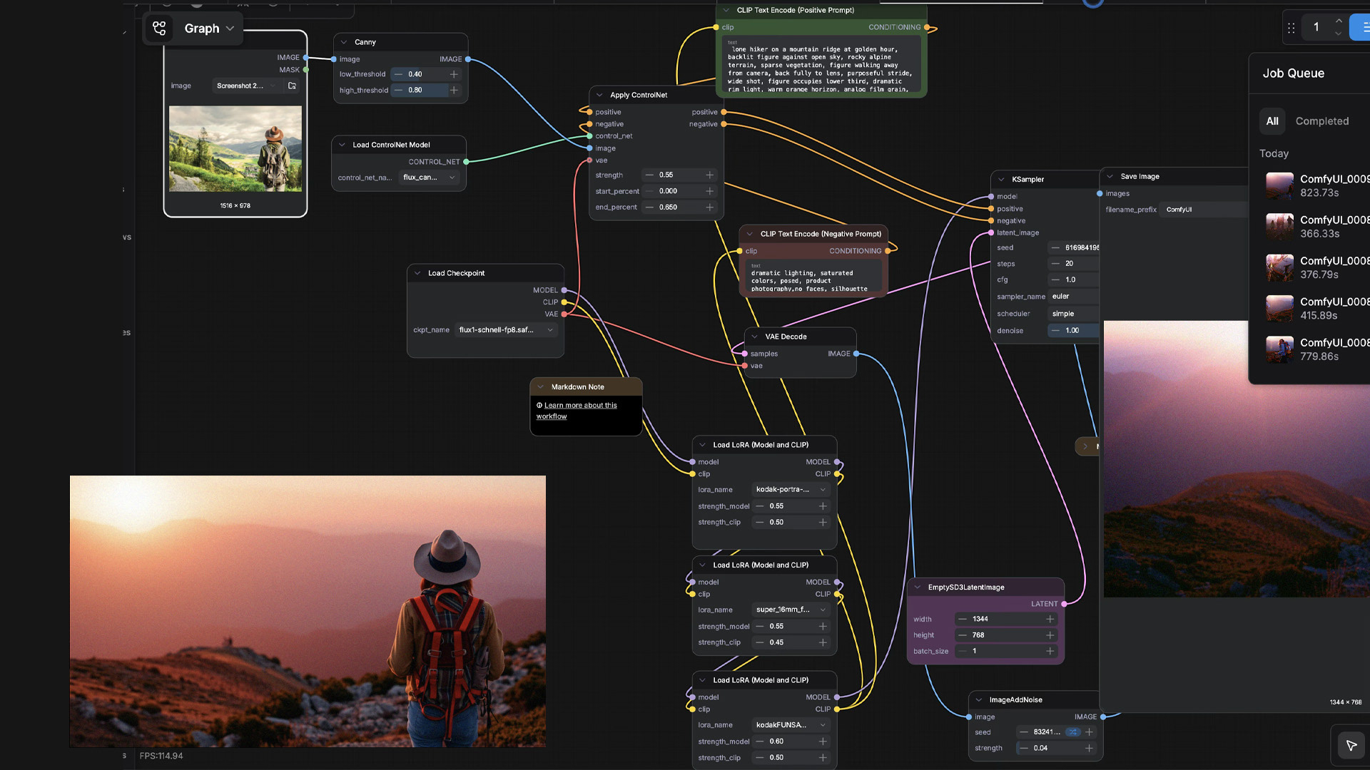Screenshot of a ComfyUI node-based workflow showing ControlNet, LoRA, and KSampler nodes connected to generate a branded lifestyle photo of a hiker at sunset
