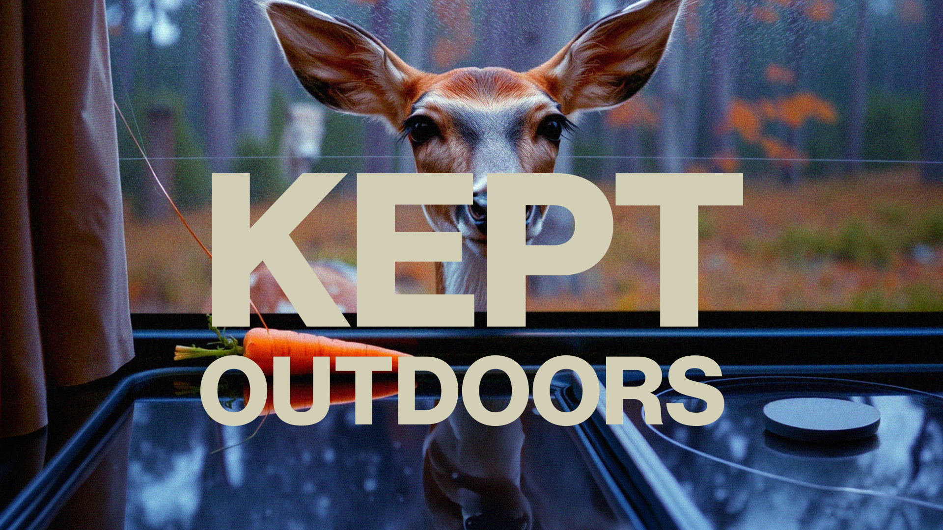 Deer standing in a misty forest with fall foliage, overlaid with the bold "KEPT" wordmark in cream text — hero image for the KEPT Outdoors brand identity project