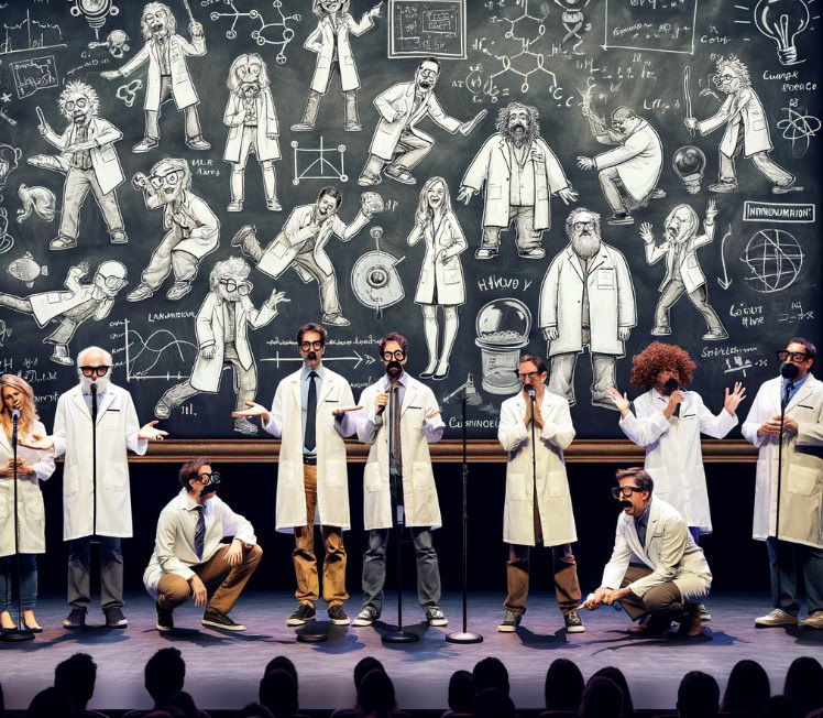 Scientists in lab coats doing stand-up
