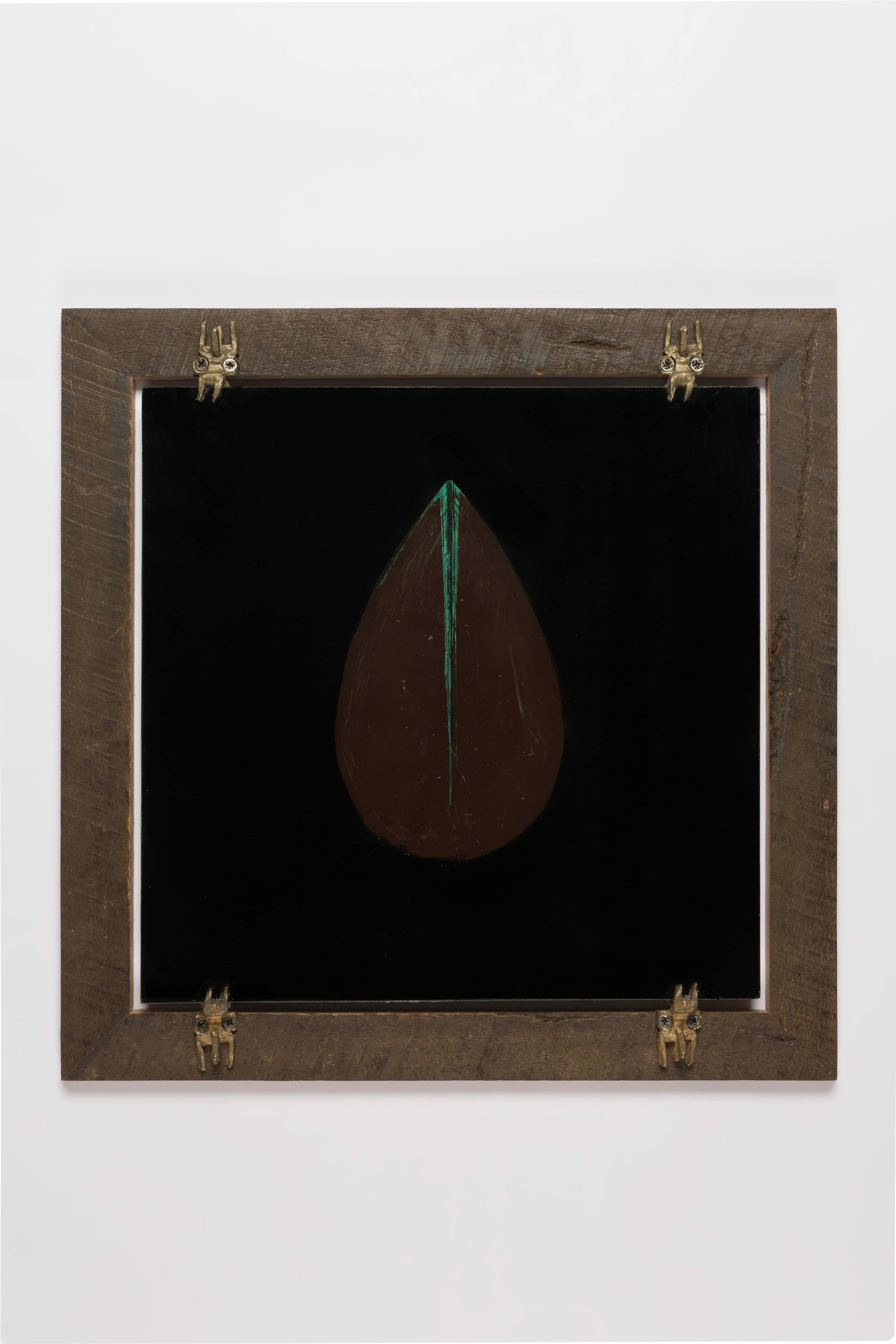 Spermum waxing Oil on stained glass, recycled Australian hardwood (old Goulburn bridge), bronze close-readers 30.5 x 30.5 cm