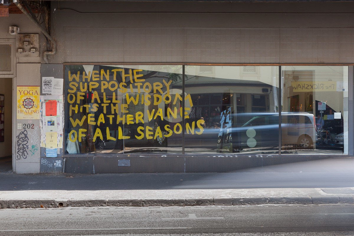 WHENTHE SUPPOSITORY OFALLWISDOM HITSTHE WEATHERVANE OFALLSEASONS (TONY’S TIME), exterior view, 2014, acrylic on glass window, 230.00 x 380.00 cm, (photo credit: Mark Ashkanasy)