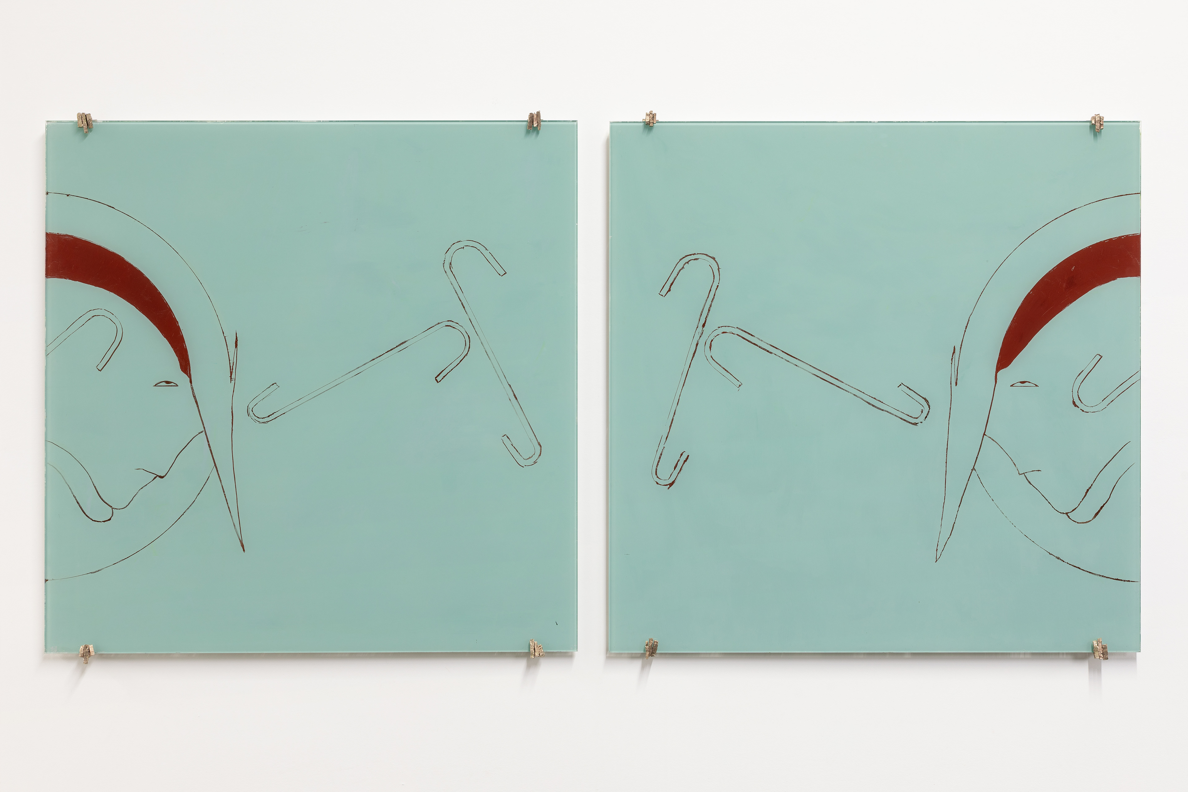 the vanishing lake 2025, oil on glass, bronze, 2 panels 7000mm x 7000mm each