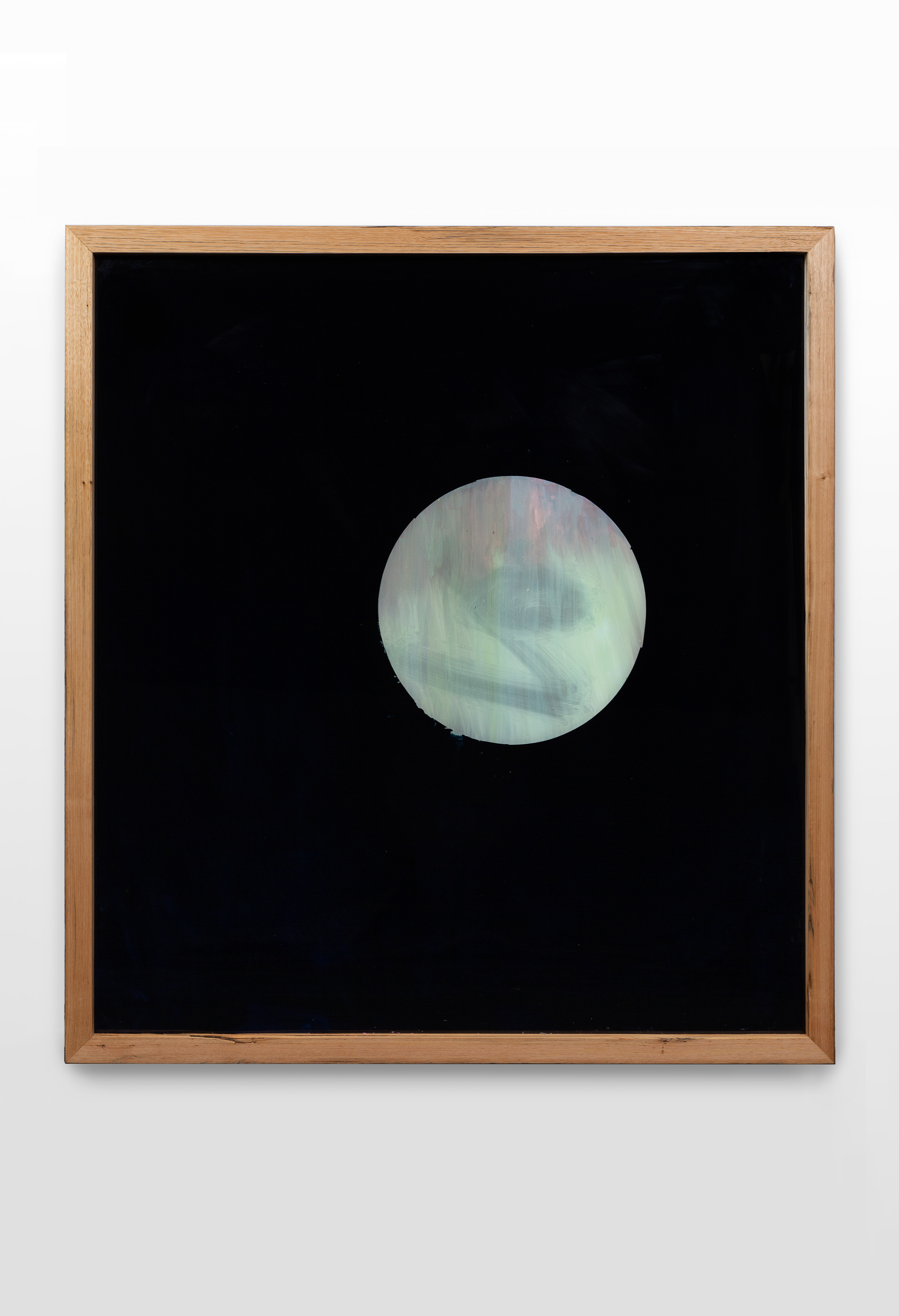 Teinm Laeda (part 1), 2022, 1170 x 1270 mm, oil on toughened glass, frame in reclaimed Eucalyptus oreades