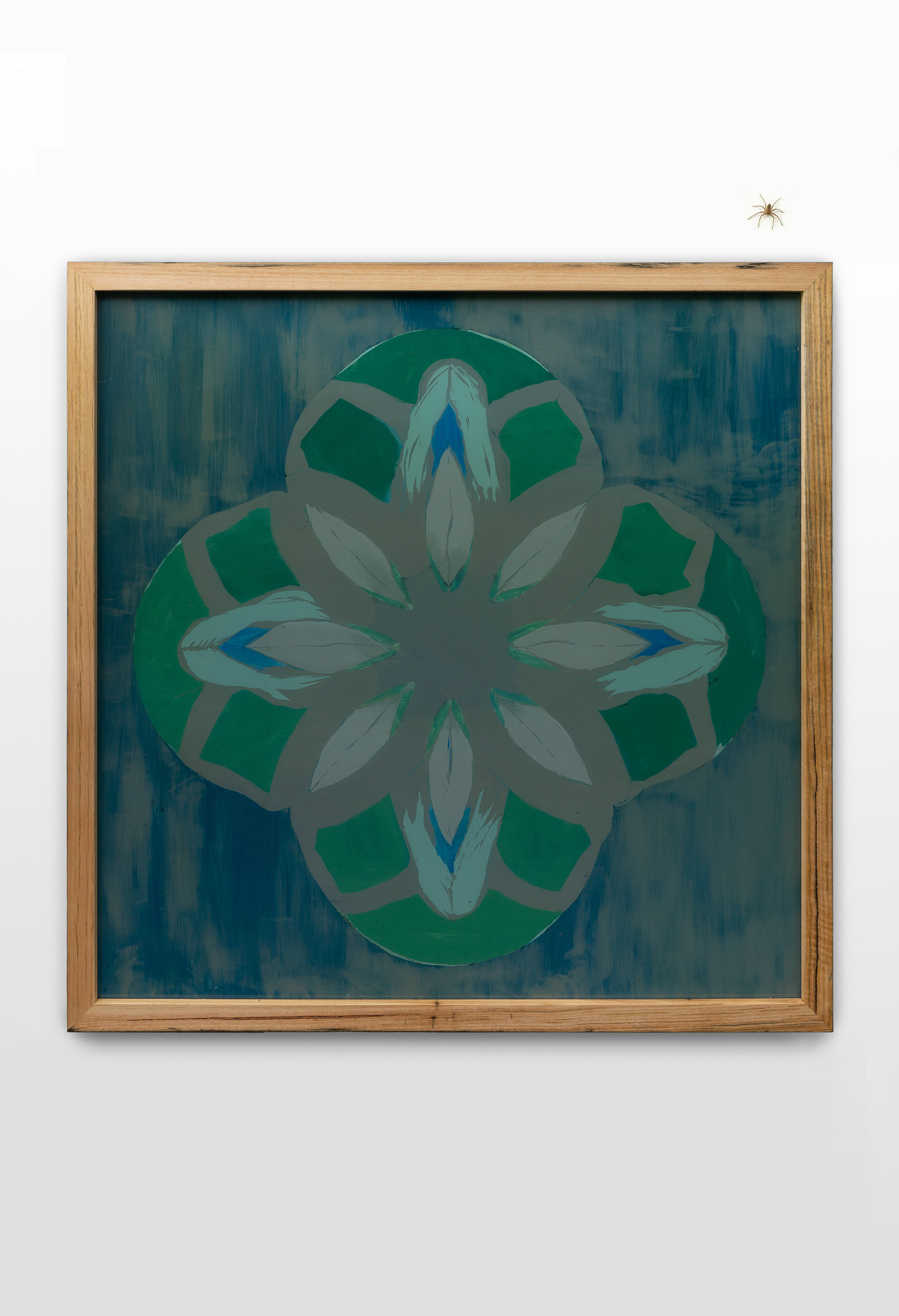 Eithliu: glas gabhan, 2022, 1065 x 1065 mm, oil on toughened glass, frame in reclaimed Eucalyptus oreades