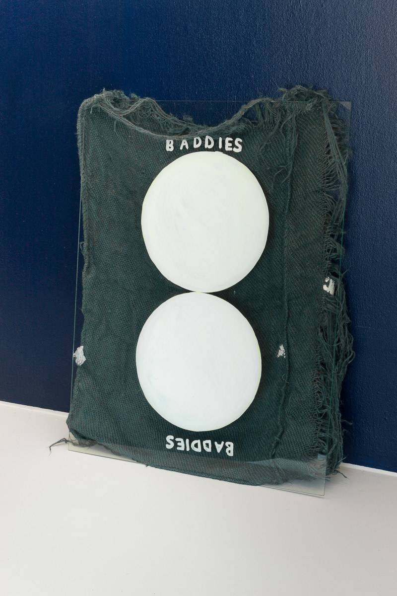 Lowest Common Denominator, 2014, oil on tempered glass, dyed hessian, 92.00 x 72.00 x 0.40 cm, (photo credit: Mark Ashkanasy)