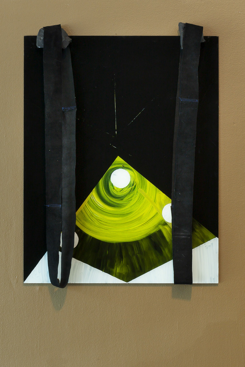 Inverted Summit, 2014, oil on tempered glass, suede, coal, 92.00 x 72.00 x 0.40 cm, (photo credit: Mark Ashkanasy)
