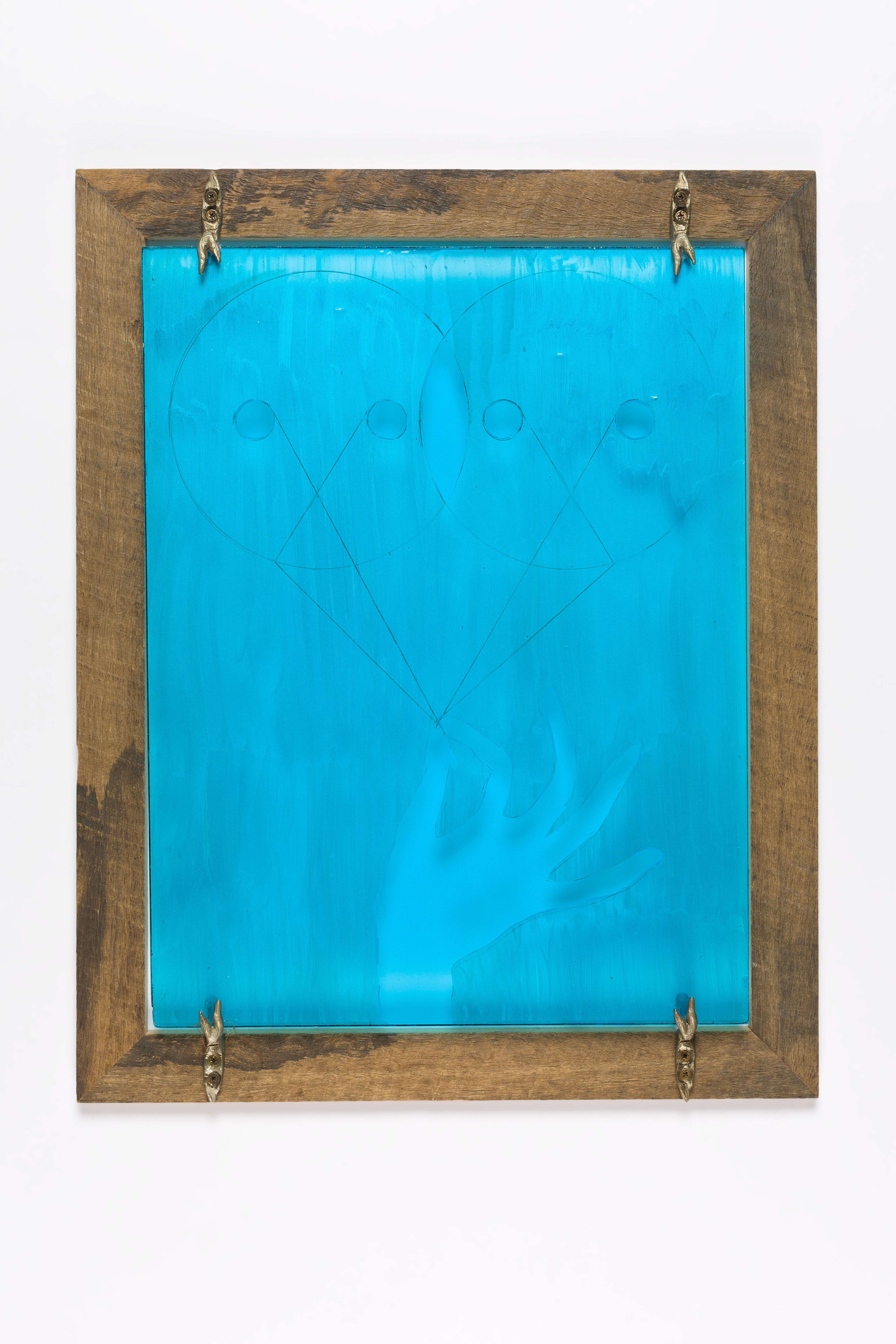 Leuca quincunx Oil on stained glass, recycled Australian hardwood (old Goulburn bridge), bronze close-readers 30.5 x 40.0 cm