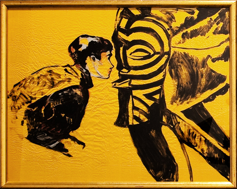 Modernist Portal Oil on glass, silk, frame 60 cm x 70 cm