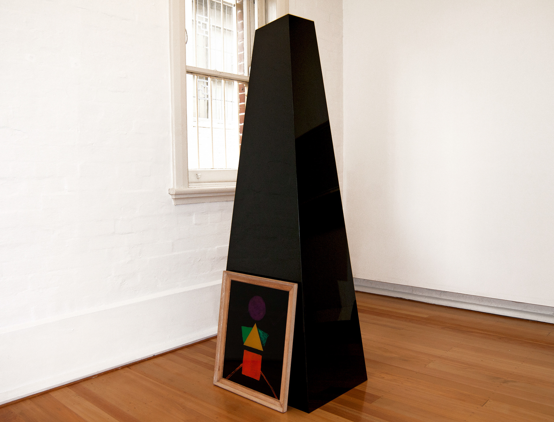 Menhir Transformer, acrylic, 196.00 x 40.00 x 50.00 cm Transformer Painting, found frame, oil on glass, 64 x 53 x 4 cm