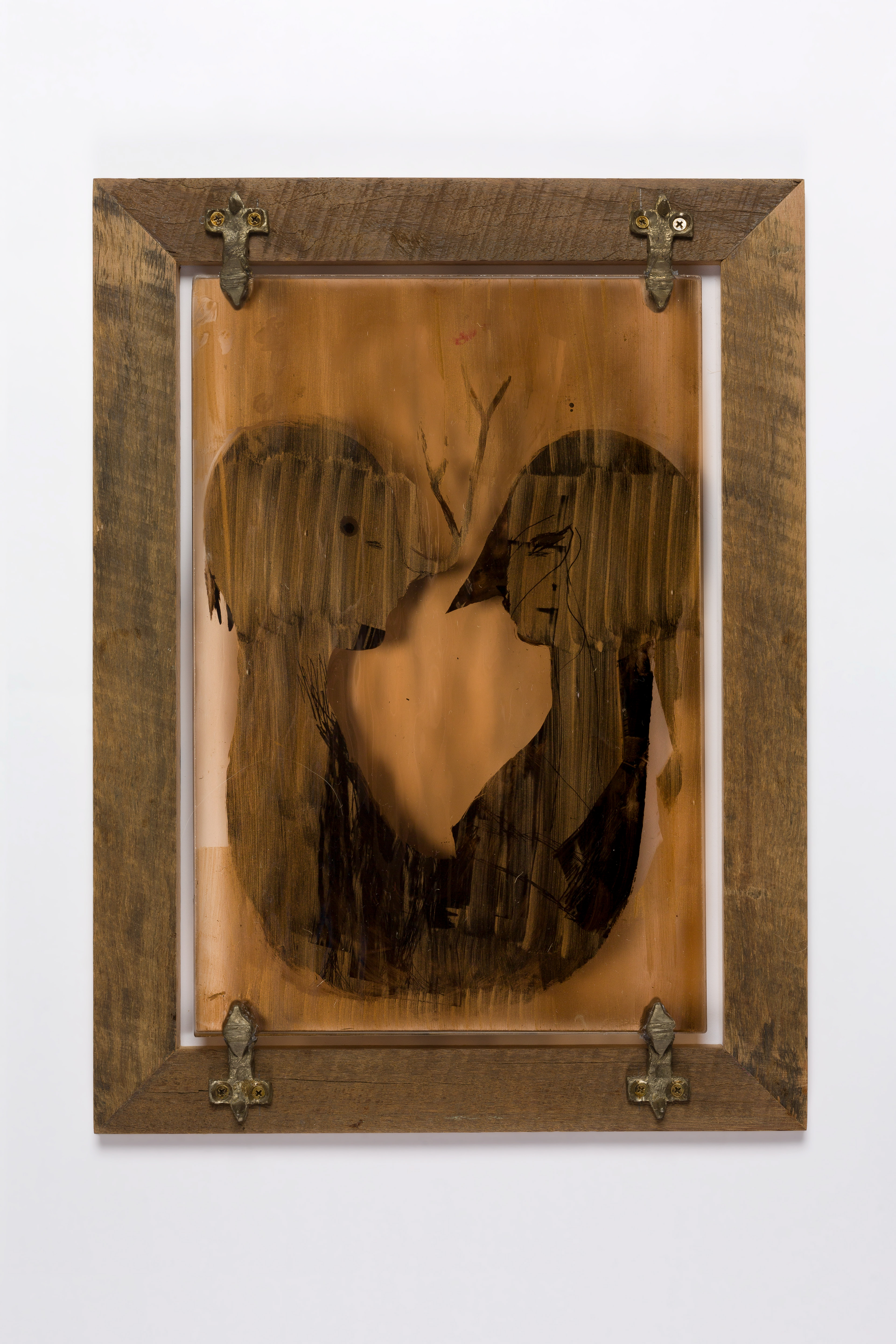 Syzygy conjunct Oil on stained glass, recycled Australian hardwood (old Goulburn bridge), bronze close-readers 21.5 x 32.0 cm