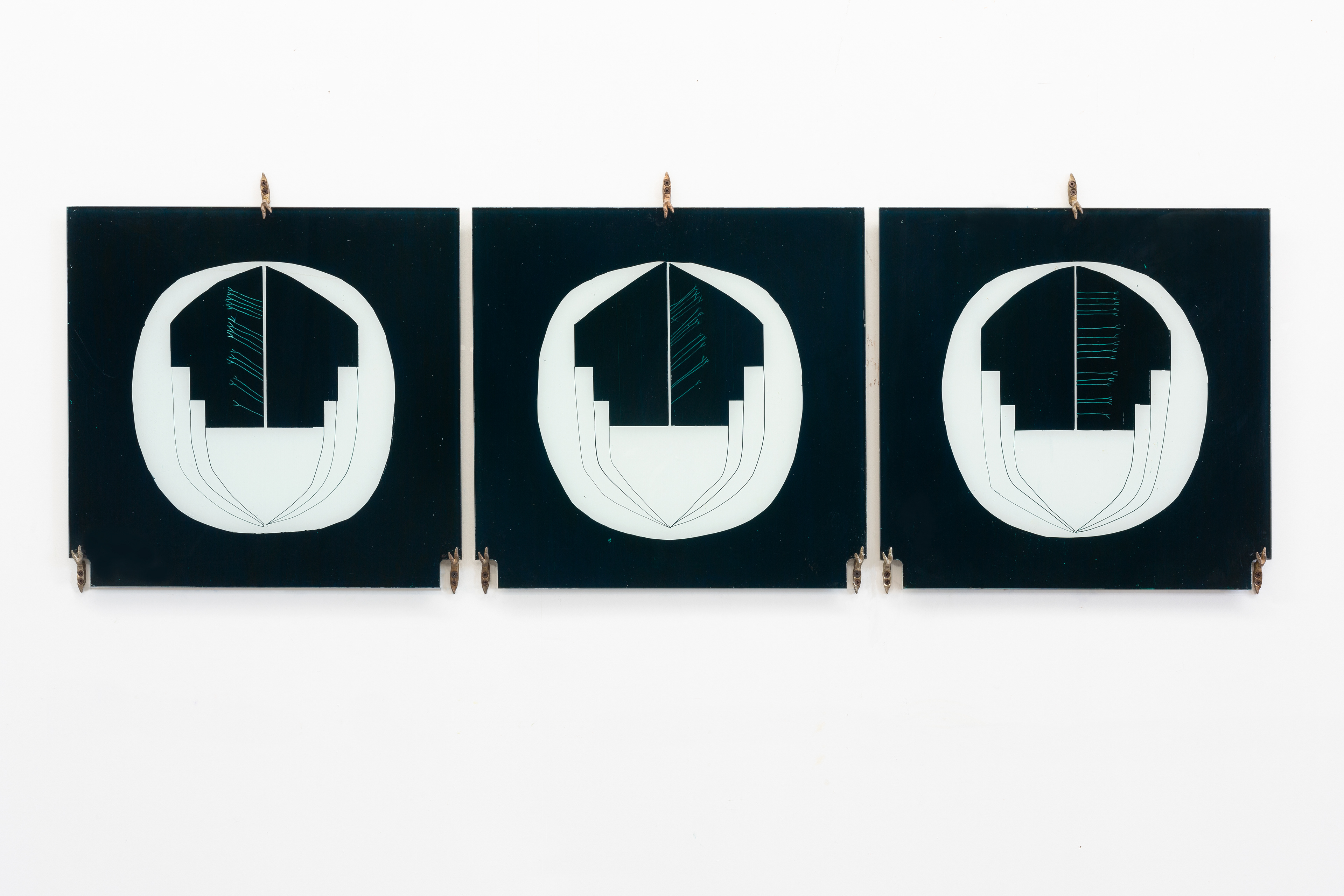 Three shouts on a hill oil on recycled toughened glass bronze close readers triptych, overall 45.0 x 144.0 cm (each panel 45.0 x 46.5 cm) Photo: Jessica Maurer