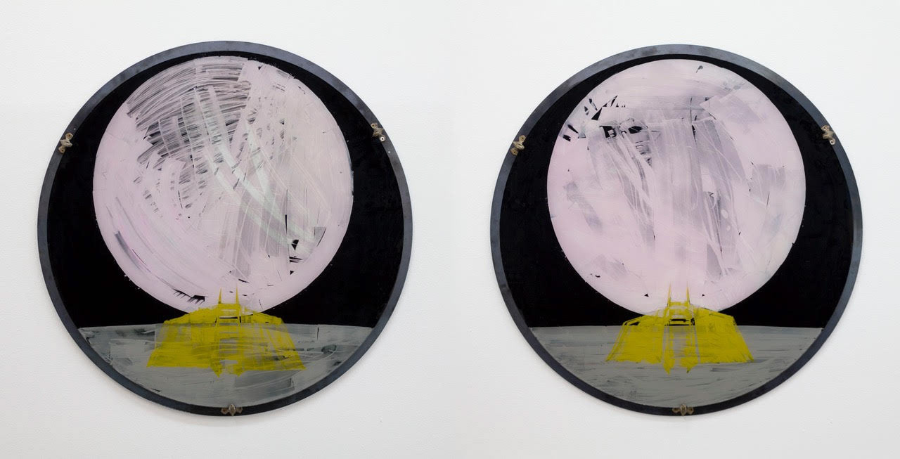 Cosmic Downloads: Institutional Agility, 2019, oil on tempered glass with steel frames and bronze microbat close-readers, each panel: 74.0 diameter x 0.4 cm thick