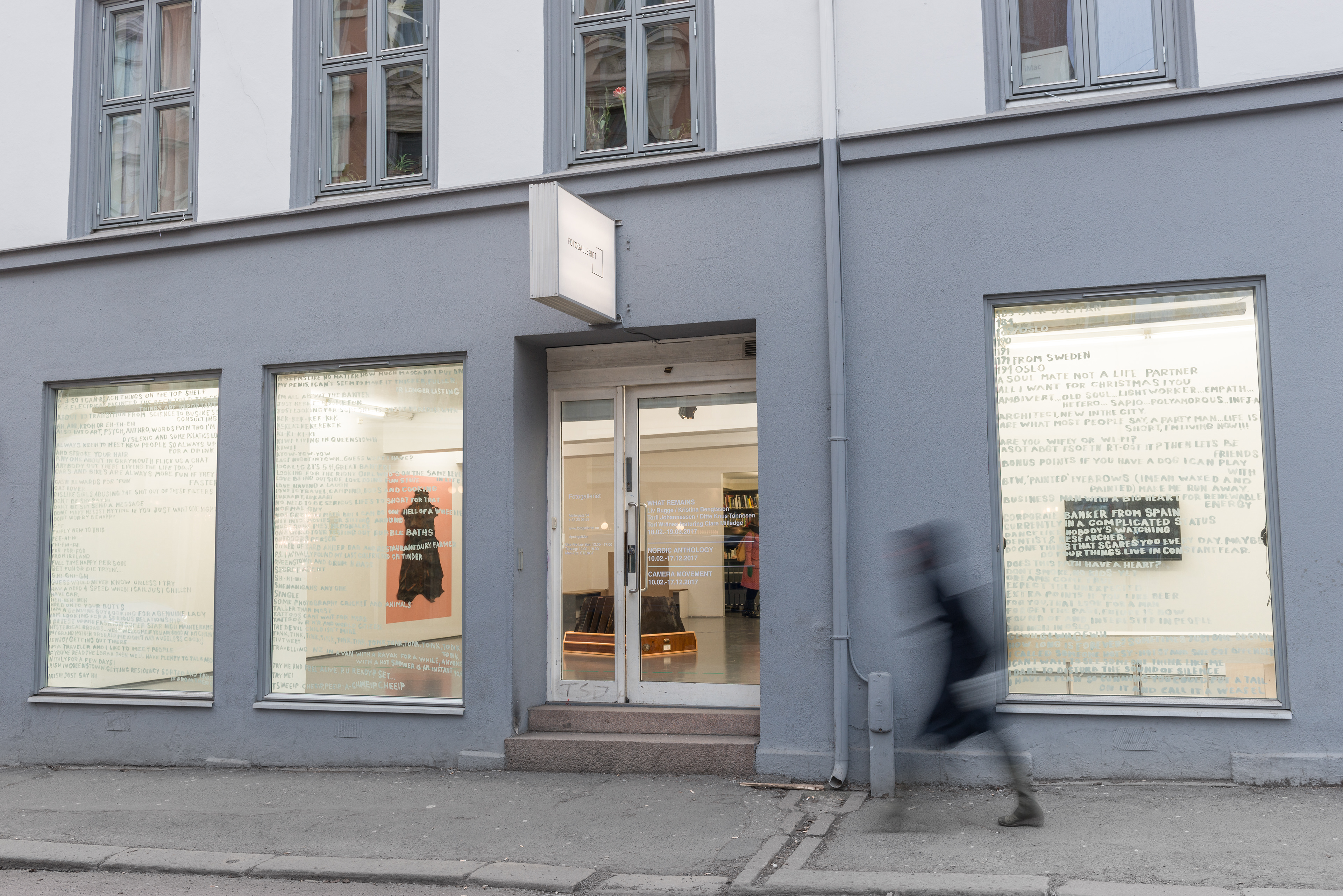 Antipodean Field Survey: Vertebrate calls Glenorchy, NZ and Oslo, NO 1.2.17 - 7.2.17, installation view Fotogalleriet, acrylic on glass, photography by Istvan Virag
