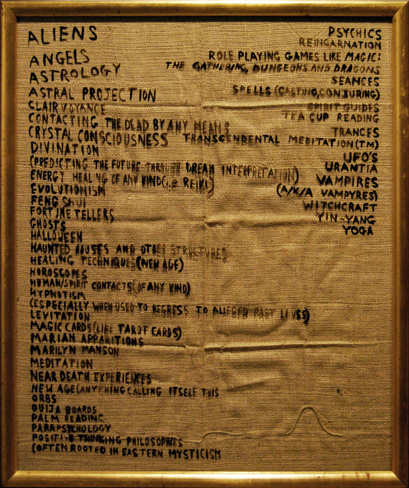 Spiritually Dangerous Oil on glass, hessian, frame 60 cm x 70 cm