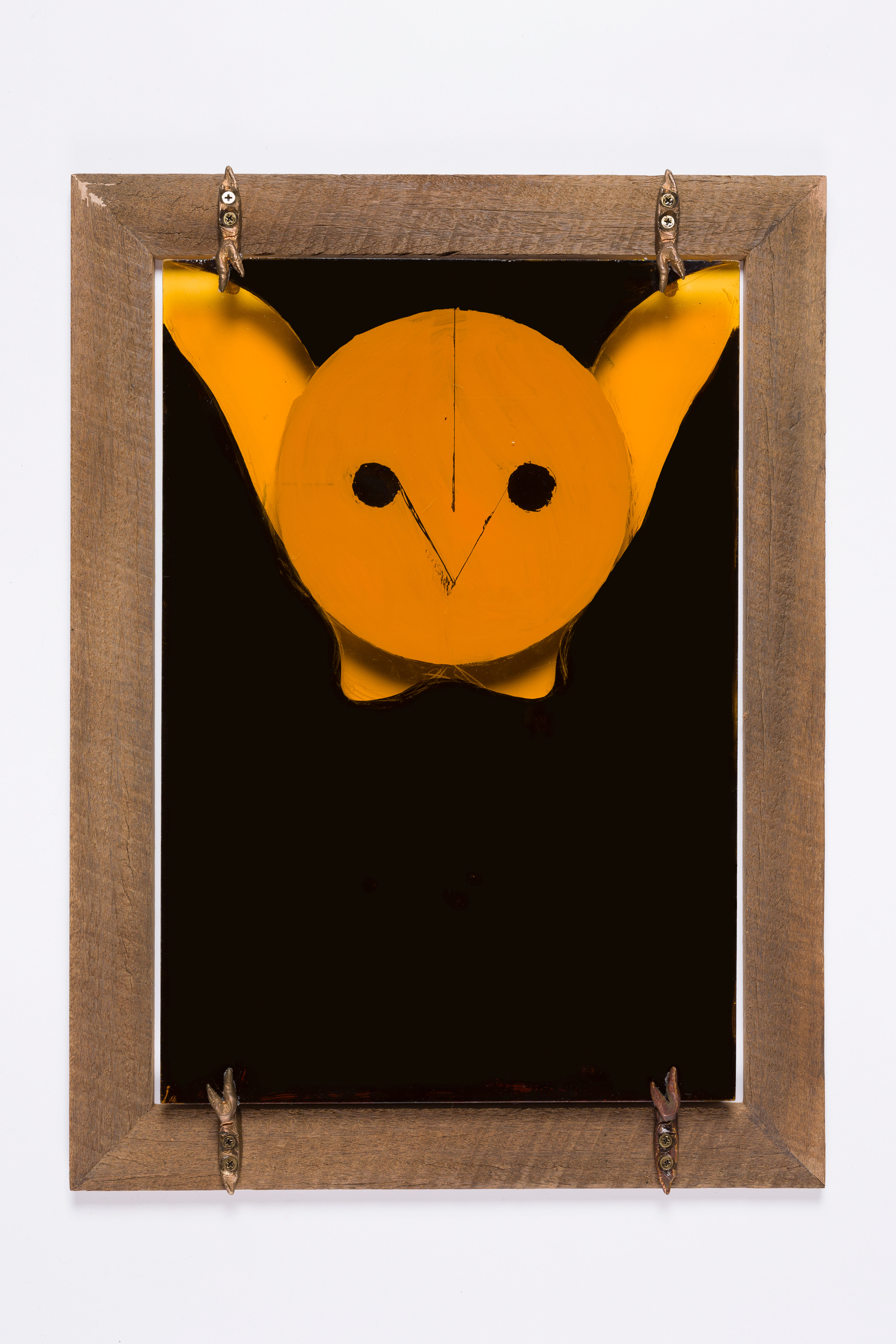 Diptera trine Oil on stained glass, recycled Australian hardwood (old Goulburn bridge), bronze close-readers 25.0 x 36.5 cm