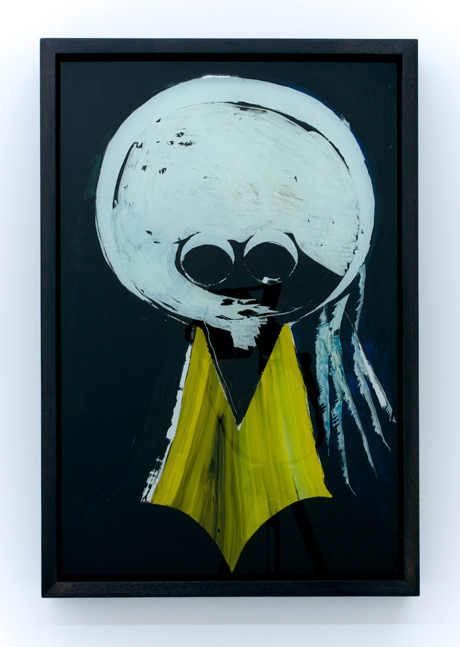 Masked Medusa, 2013, oil on tempered glass, tempered mirror, frame, 63 x 42.5 x 6 cm