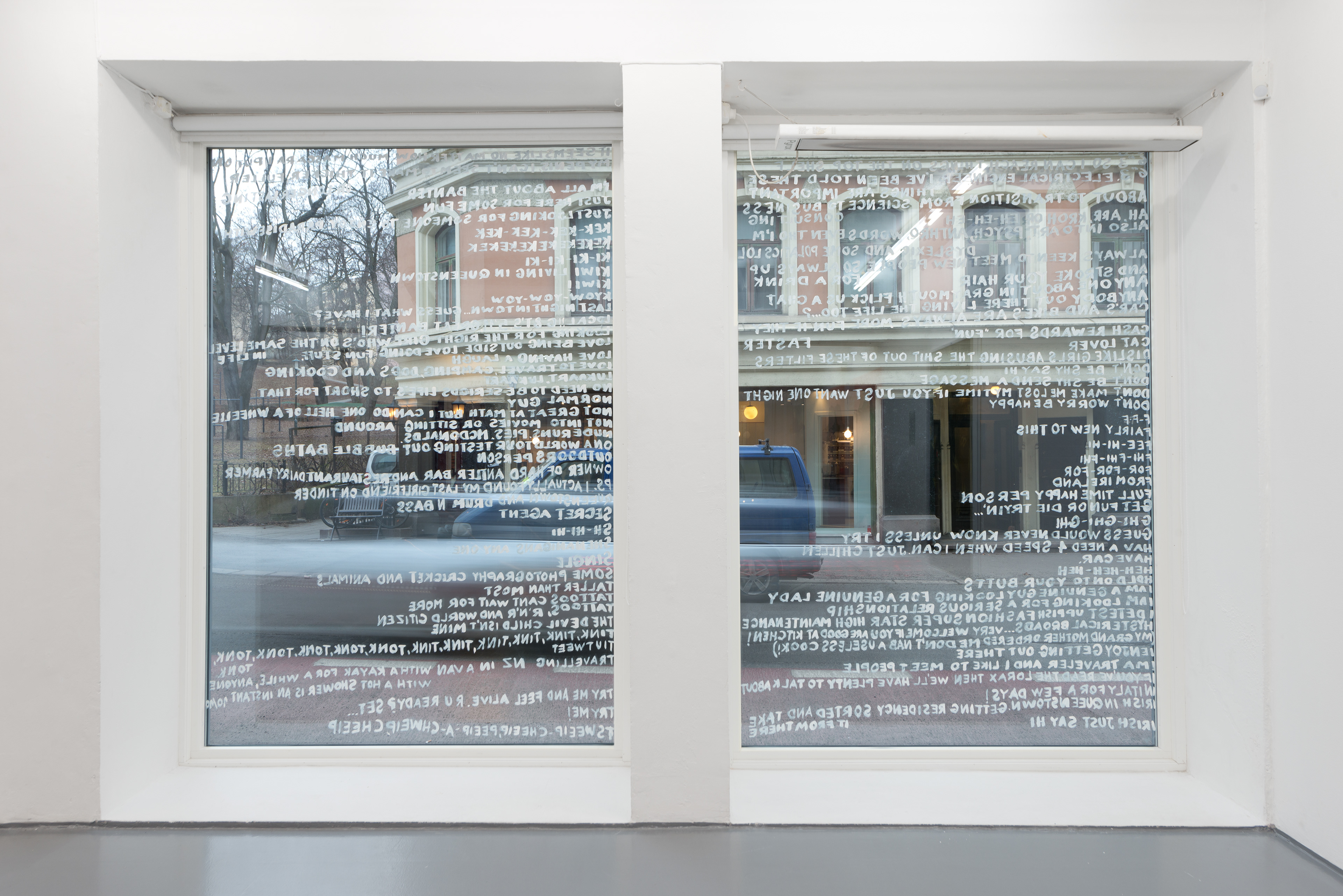 Antipodean Field Survey: Vertebrate calls Glenorchy, NZ and Oslo, NO 1.2.17 - 7.2.17, installation view Fotogalleriet, acrylic on glass, photography by Istvan Virag