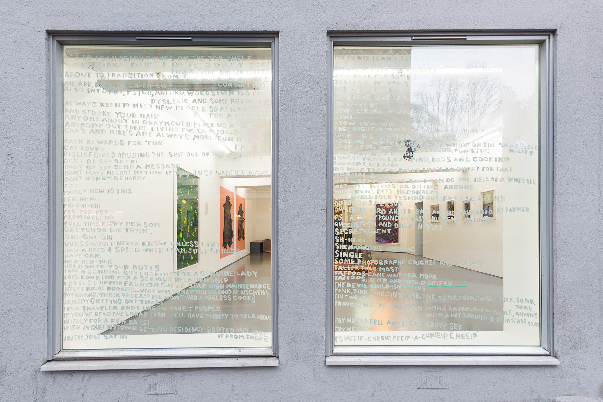 Antipodean Field Survey: Vertebrate calls Glenorchy, NZ and Oslo, NO 1.2.17 - 7.2.17, installation view Fotogalleriet, acrylic on glass, photography by Istvan Virag