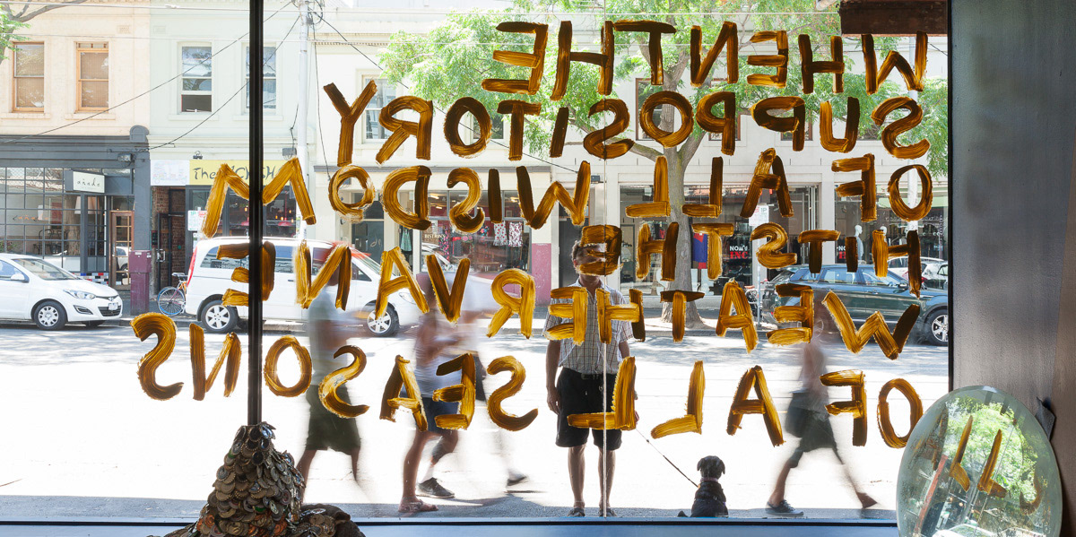 WHENTHE SUPPOSITORY OFALLWISDOM HITSTHE WEATHERVANE OFALLSEASONS (TONY’S TIME), interior view, 2014, acrylic on glass window, 230.00 x 380.00 cm, (photo credit: Mark Ashkanasy)