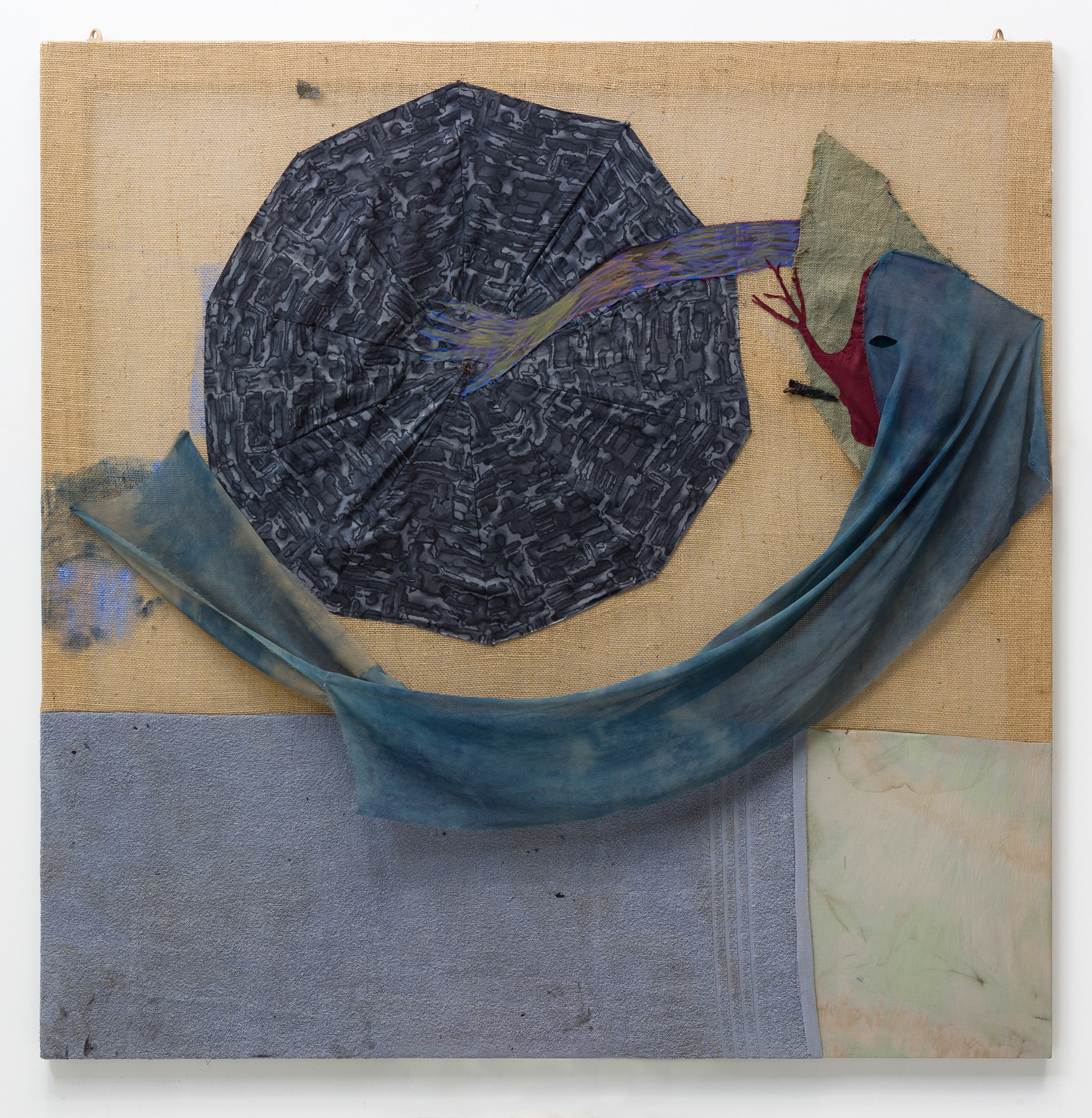 «I am a spear: that roars for blood; I am a salmon: in a pool» 2019, recycled textiles, paint rags, wood, acrylic, wax worm joint, oil, umbrella, cinefoil, towel from @blindside_ari . 190 x 175 x 7 cm