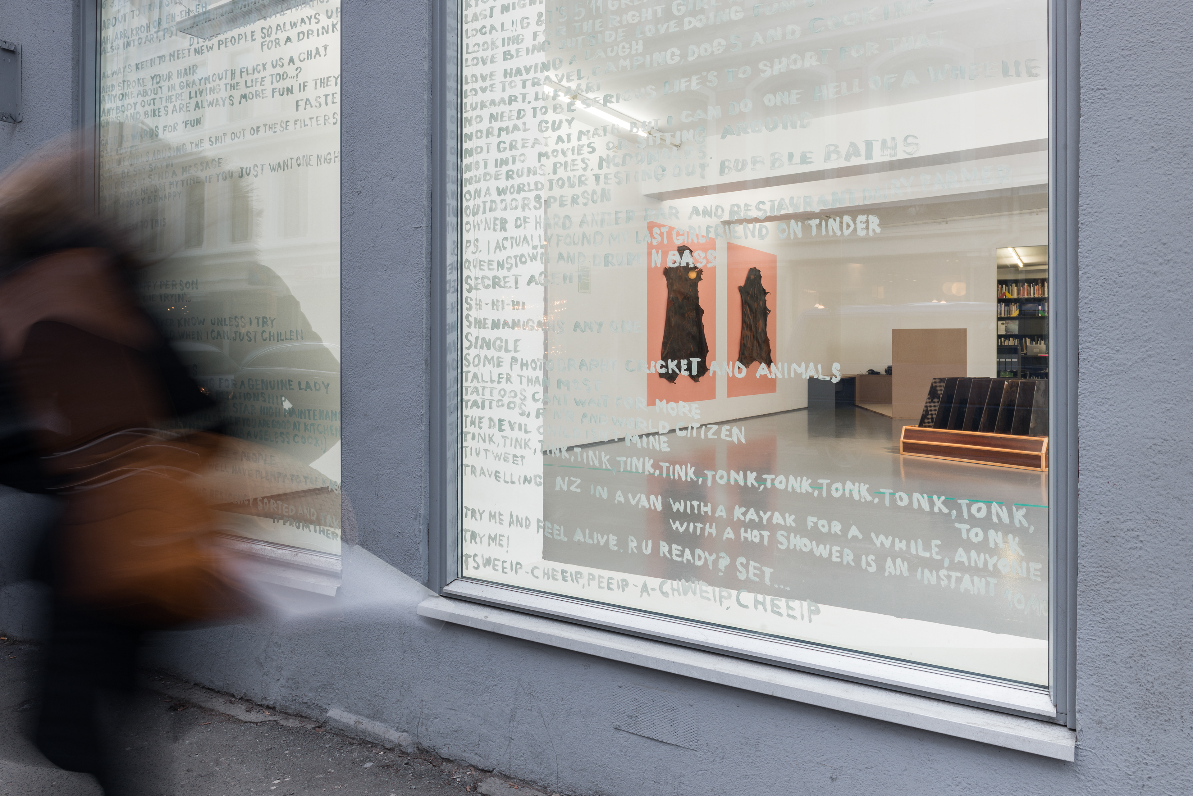 Antipodean Field Survey: Vertebrate calls Glenorchy, NZ and Oslo, NO 1.2.17 - 7.2.17, installation view Fotogalleriet, acrylic on glass, photography by Istvan Virag