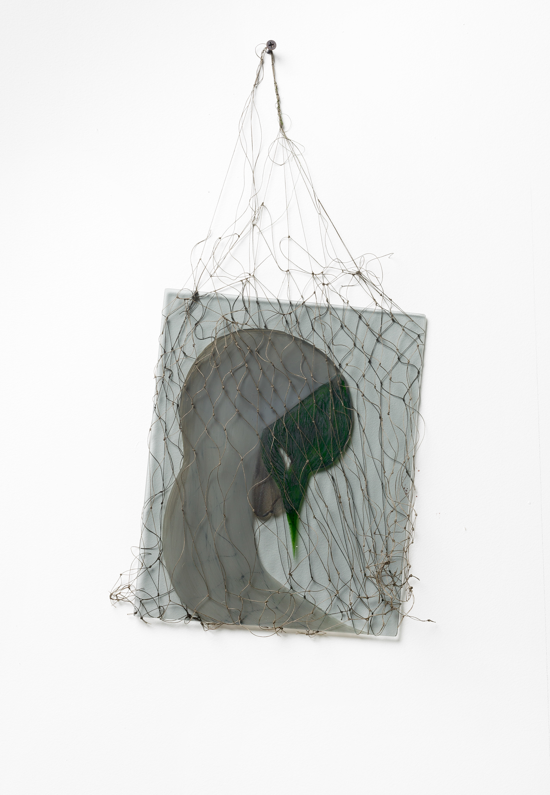 Calyx wane Oil on stained glass, recycled Australian hardwood, linen net 19.2 x 23.5 cm