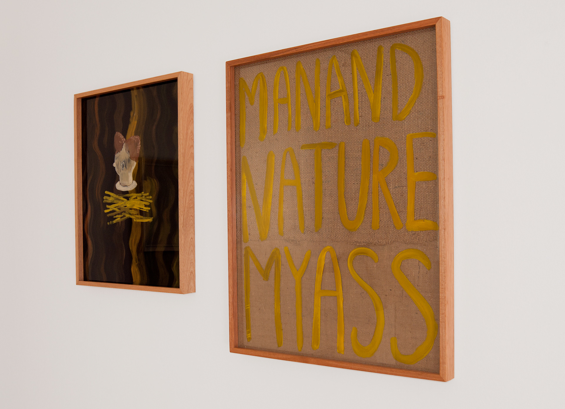 Installation view, Omnipotent Straw-Head with Entoptic Hair Oil (left), Human Progression and Other Modernist Myths (right)