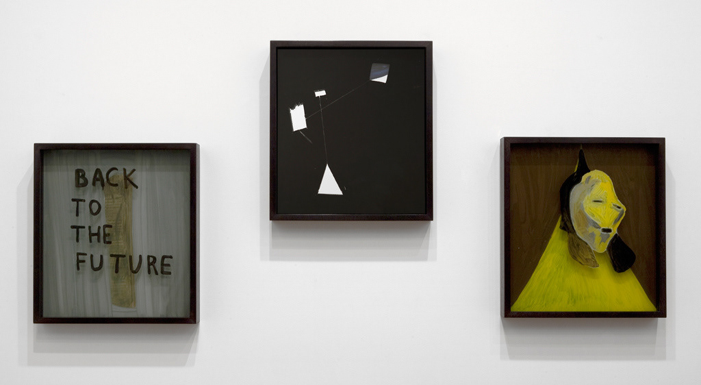 From left: Strategic:Gold, oil on tempered glass, frame, (double glazed), 52.50 x 47.50 x 6.00 cm Tactical: Silver, oil on tempered glass, oil on mirror (double glazed), 52.50 x 47.50 x 6.00 cm Operational: Bronze, oil on tempered glass, frame, (double glazed), 52.50 x 47.50 x 6.00 cm (photo credit: Jessica Maurer)