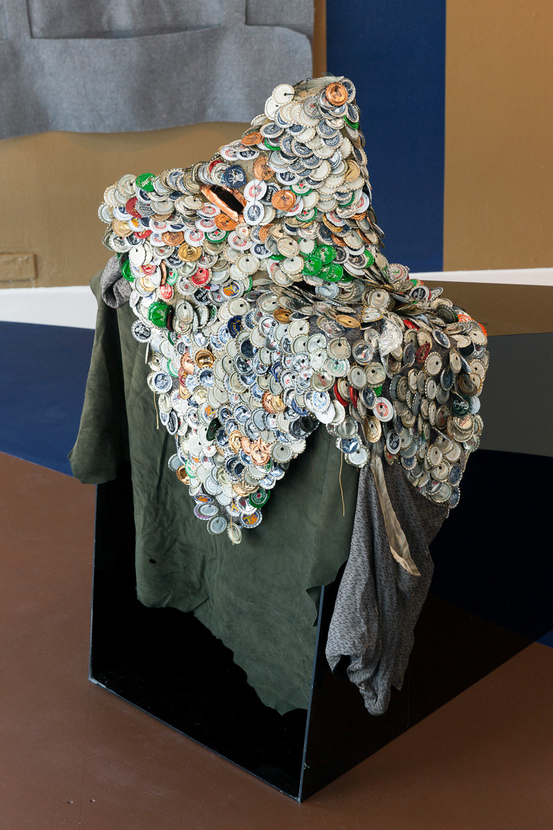 Costume from PSYCHOMAGIC 1: Neo-Neo-Dadaist Tactical Response to Total Hogwash, 2014, (mask and jacket), steel beer caps, metal scrap, copper, silk kimono, brass, suede, sewing thread, dimensions variable, (photo credit: Mark Ashkanasy)