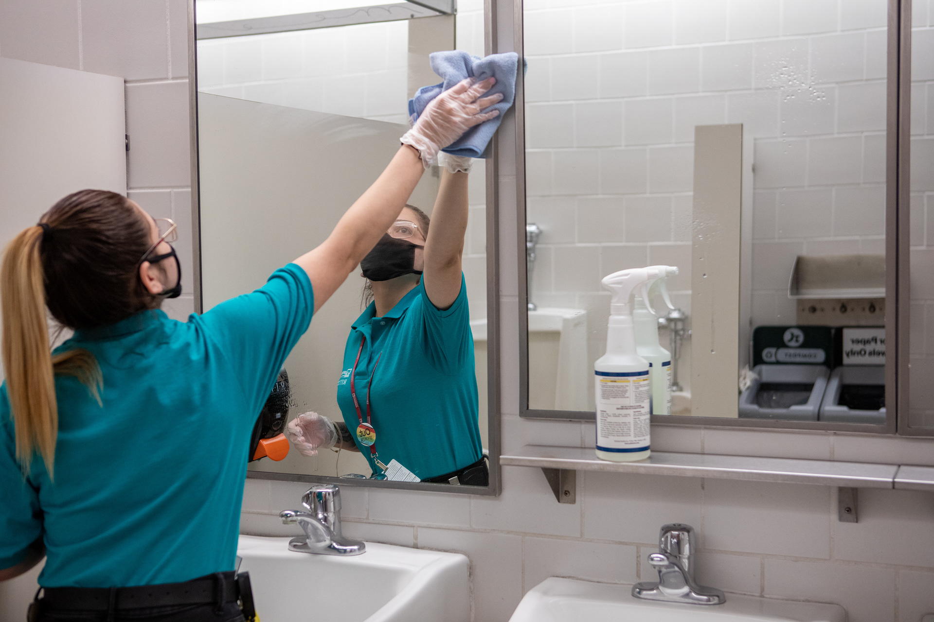 Kiara cleans the men’s bathroom on October 16, 2020. R.I.T. is enforcing strict, new cleaning guidelines in order keep the students, faculty and staff at R.I.T. safe as possible from COVID-19. Kiara says “We disinfect everything now, a lot more then we used to. “