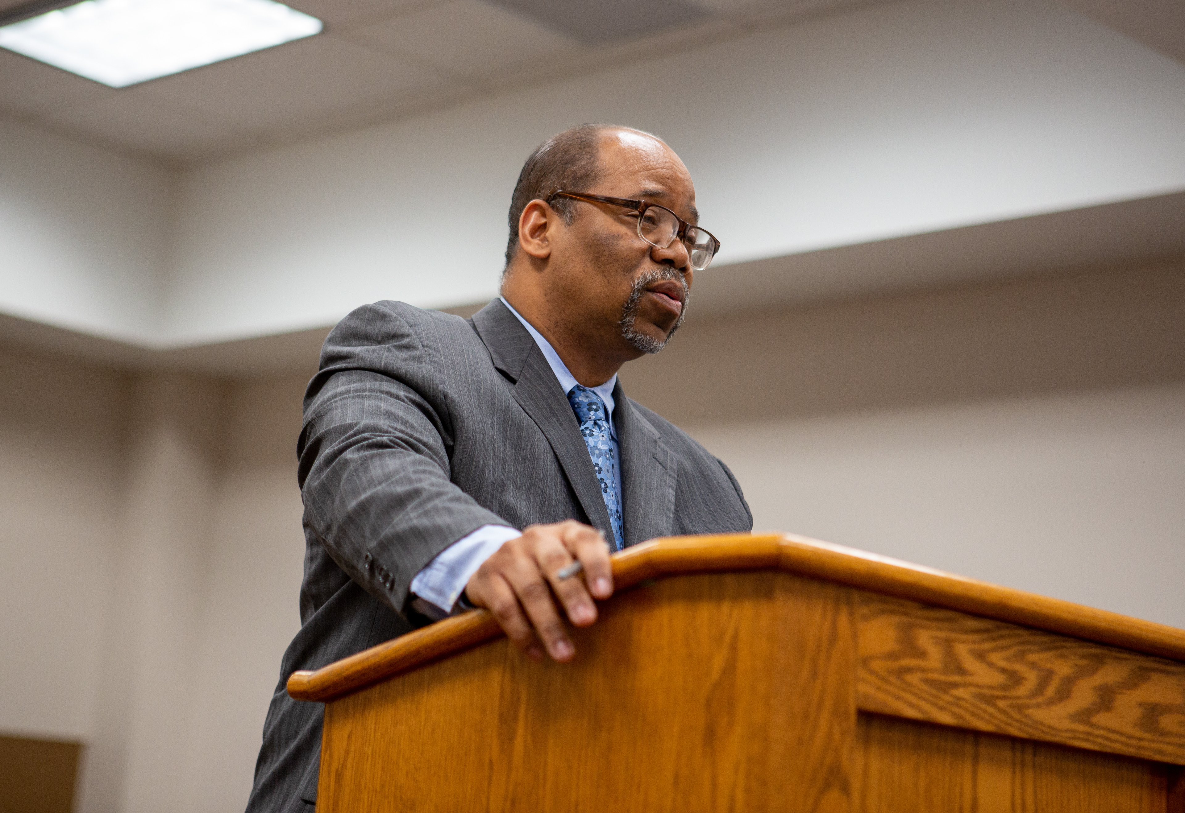 White, an attorney, stands at the podium in court and argues in his client’s defense. December 12, 2019 in Greece N.Y.