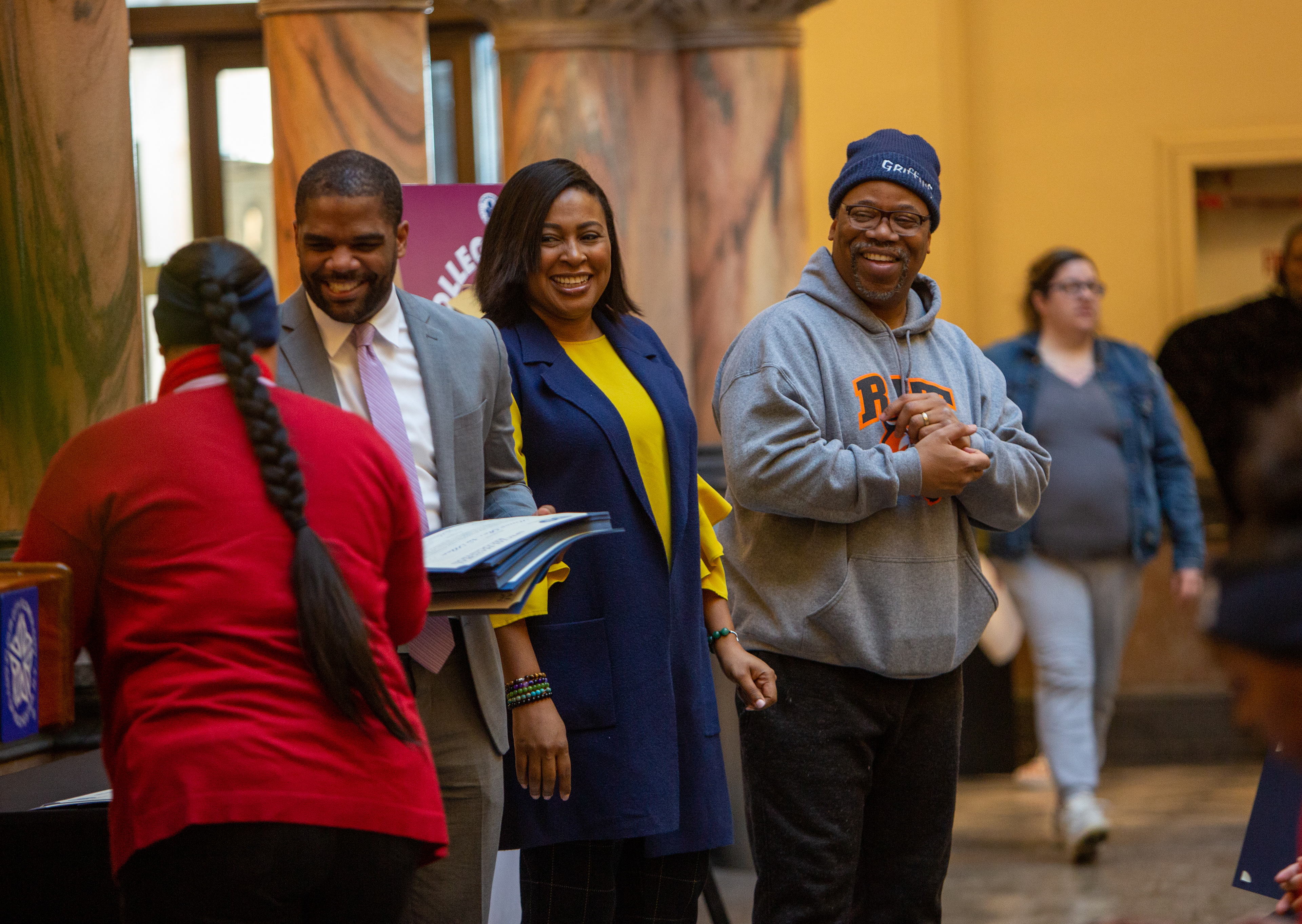 White stands alongside Mayor Lovely Warren at the World of Inquiry Senior Class of 2019 College March Day. Seniors march from their school to city hall and then mail letters stating their intention to apply to the colleges of their choice. The March also delivers a forum to celebrate the seniors. December 13, 2019 in Rochester N.Y.