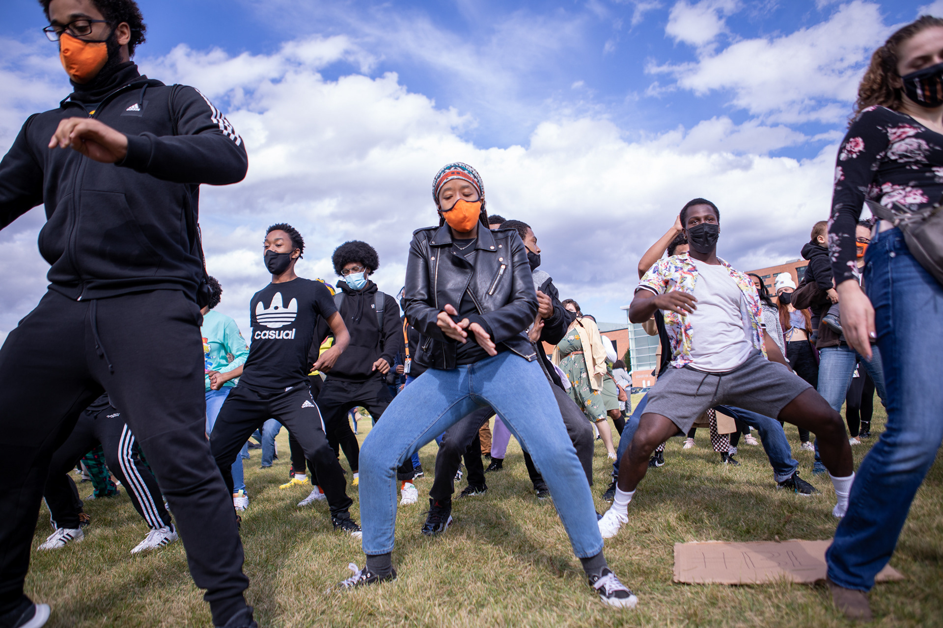 Shadirah (last name withheld) dances to Wobble by V.I.C. with fellow students at the Black Lives Matter protest at the Rochester Institute of Technology on October 3, 2020 in Rochester NY. During breaks at the protest, music would be played for the students to dance to and have fun.