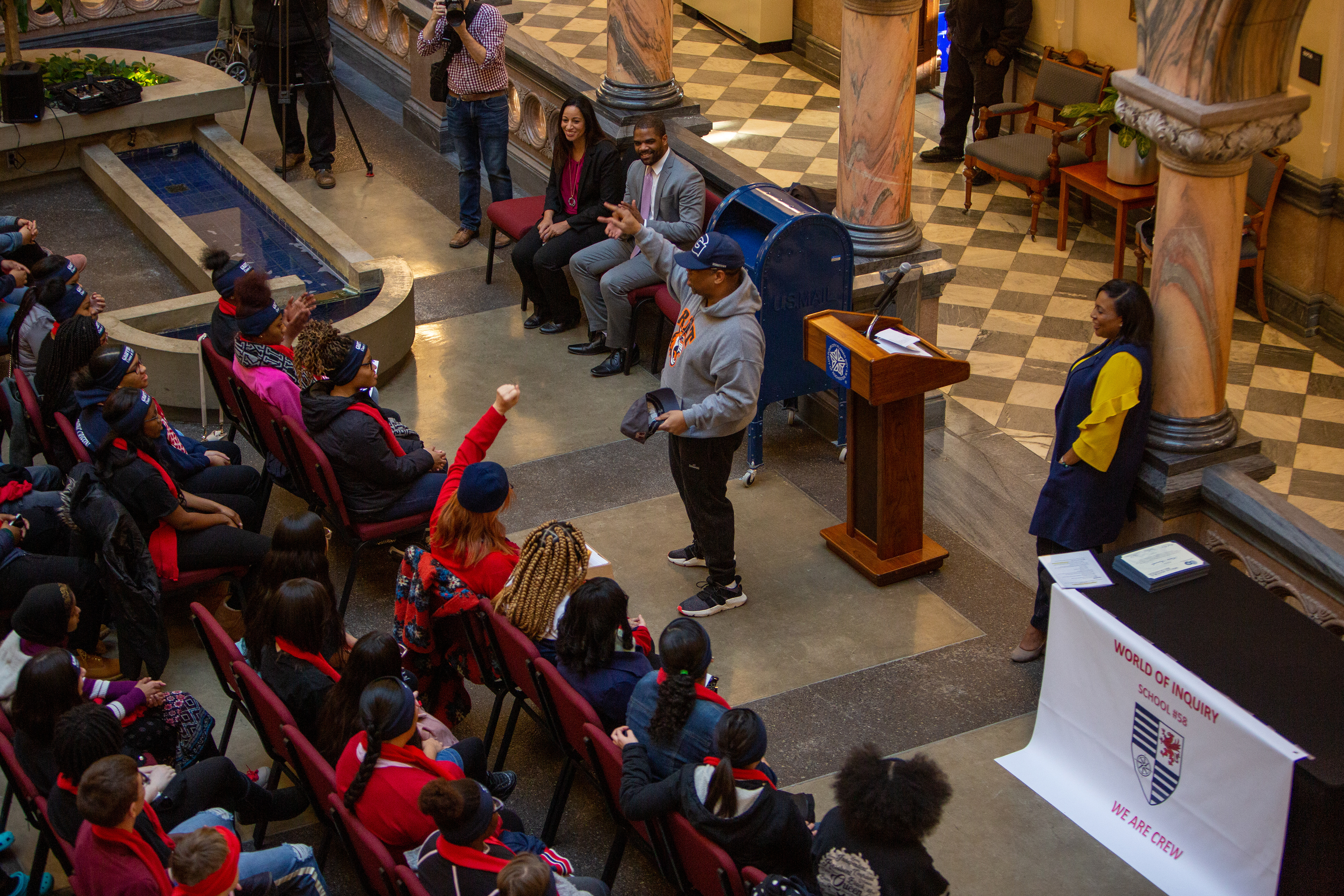 White cheers on the seniors the College March Day as he gives an uplifting speech on December 13, 2019 in Rochester, N.Y. He also puts on various college hats as he asks the seniors who is attending which college.