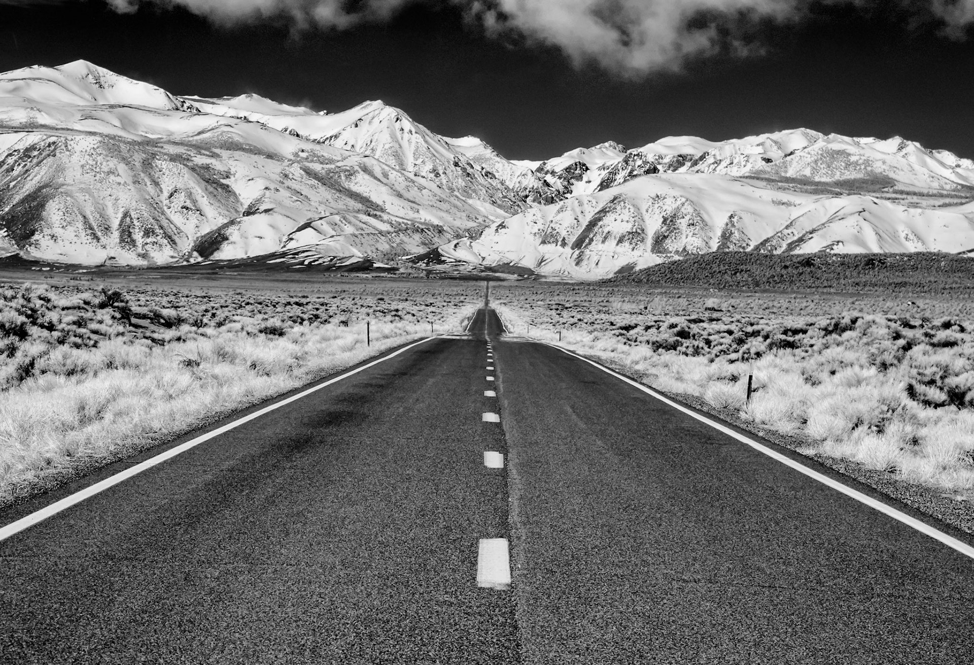 The road goes ever on... Infrared photo of California Highway 167 just north of Mono Lake. I liked the very straight road going toward the Eastern Sierras.