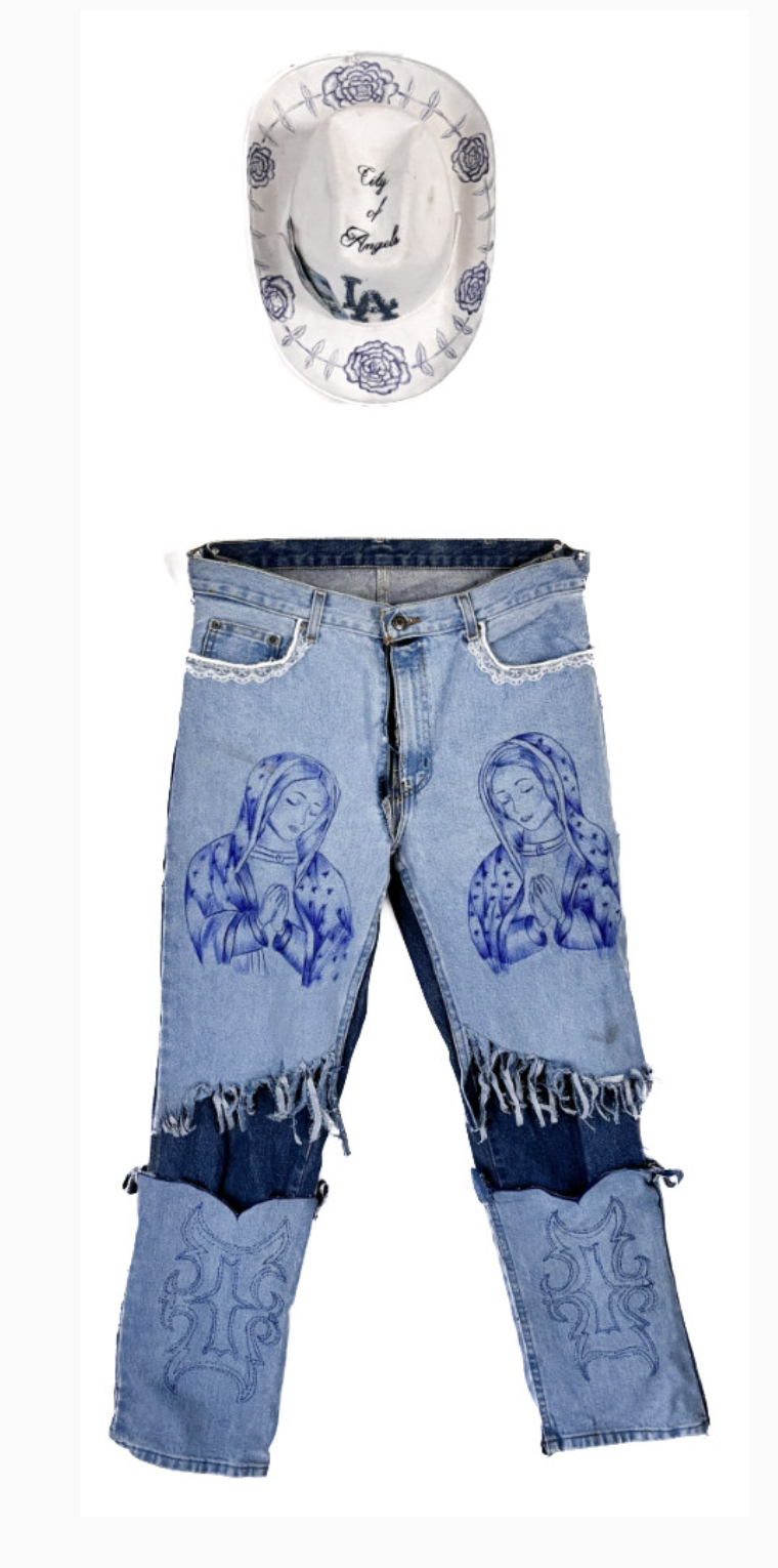 El Azul, 2023, Blue ballpoint pen on denim, handkerchief, tejana, Dimensions vary