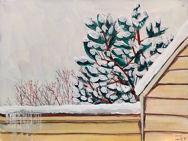 Last Snow in Patio | Acrylic Gouache and Pencil on Claybord | 6 x 8 in ( 15.24 x 20.32 cm )