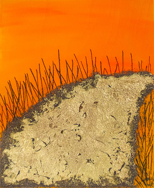 Golden carpet |Acrylic, oil, cold wax, pencil, metal leaf, and sand on wood panel | 10 x 8 in (25.4 x 20.32 cm)