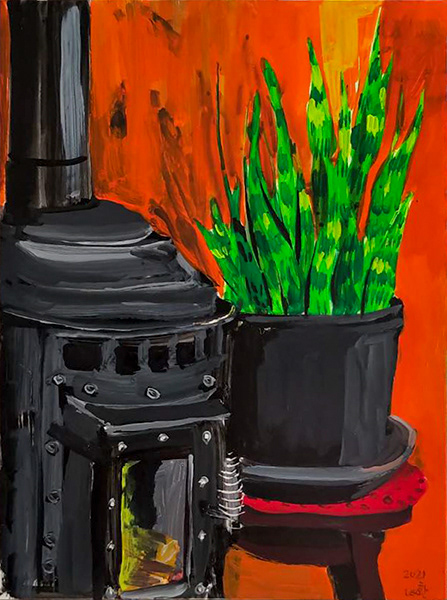 Heater and Plant of Cabin in Monroe | Acrylic Gouache on Claybord | 8 x 6 in ( 20.32 x 15.24 cm )