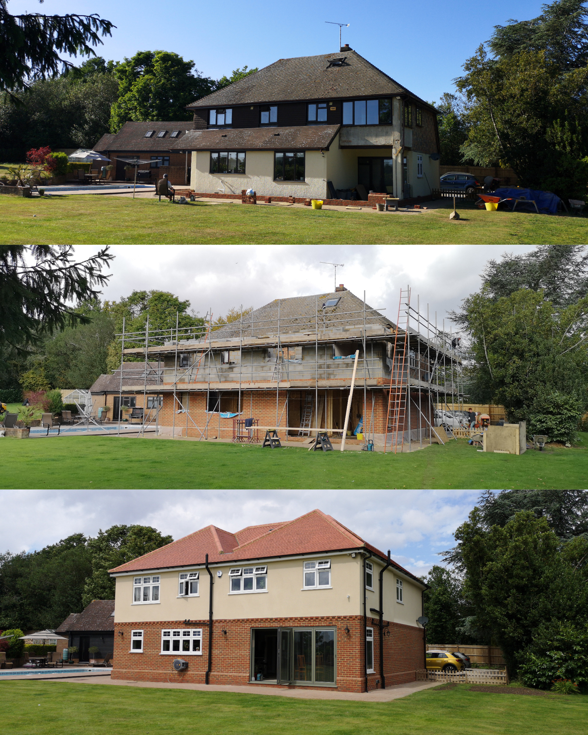 Original property, building work underway, and finished property.