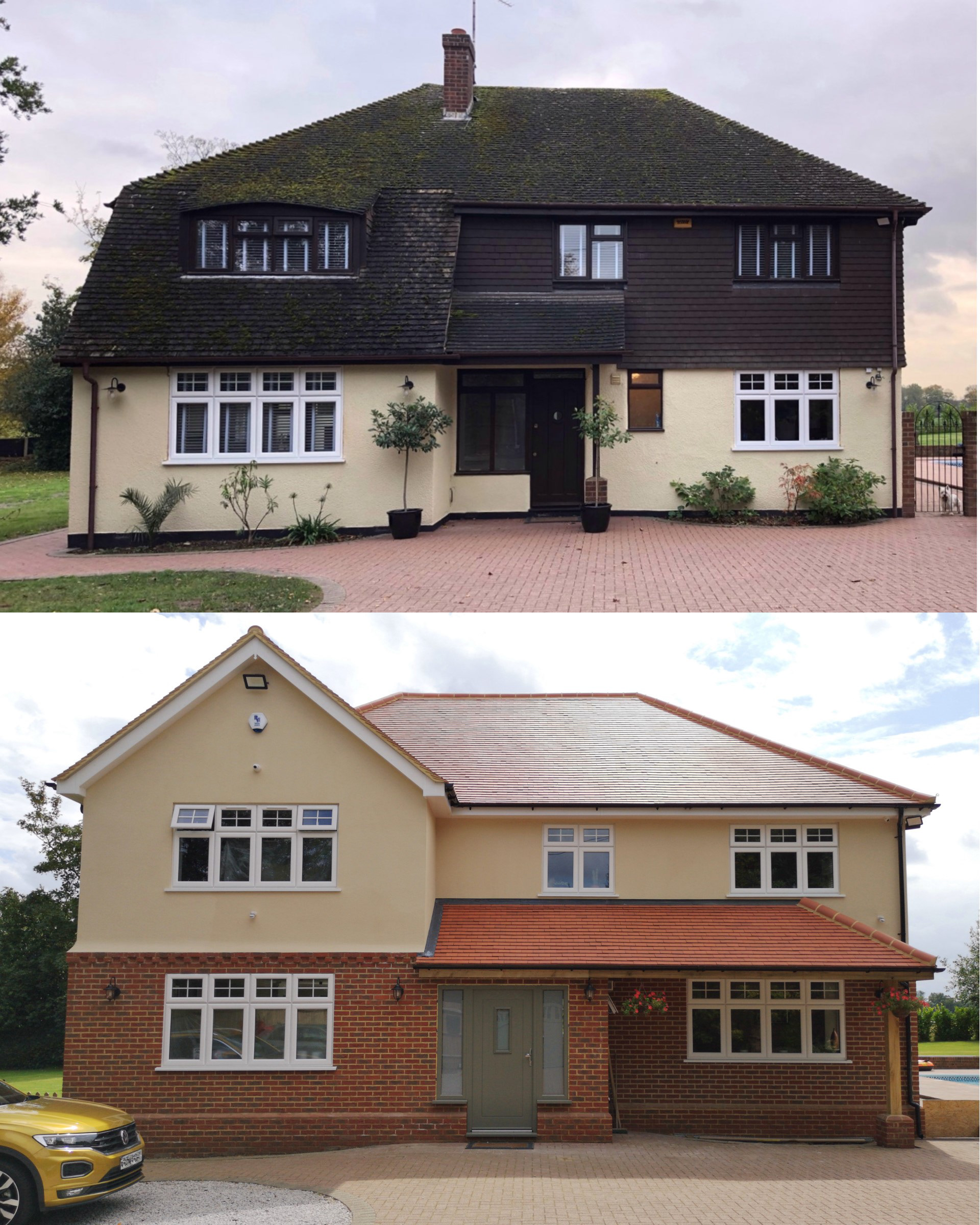 Full property external transformation, including removal of all hanging tiles and the existing eyebrow window feature, creating an apex roof line, extension of the hallway area and elongated canopy, new windows and doors, new roof tiles, full monocouche rendering of the 1st storey and decorative brick overlay of the ground floor