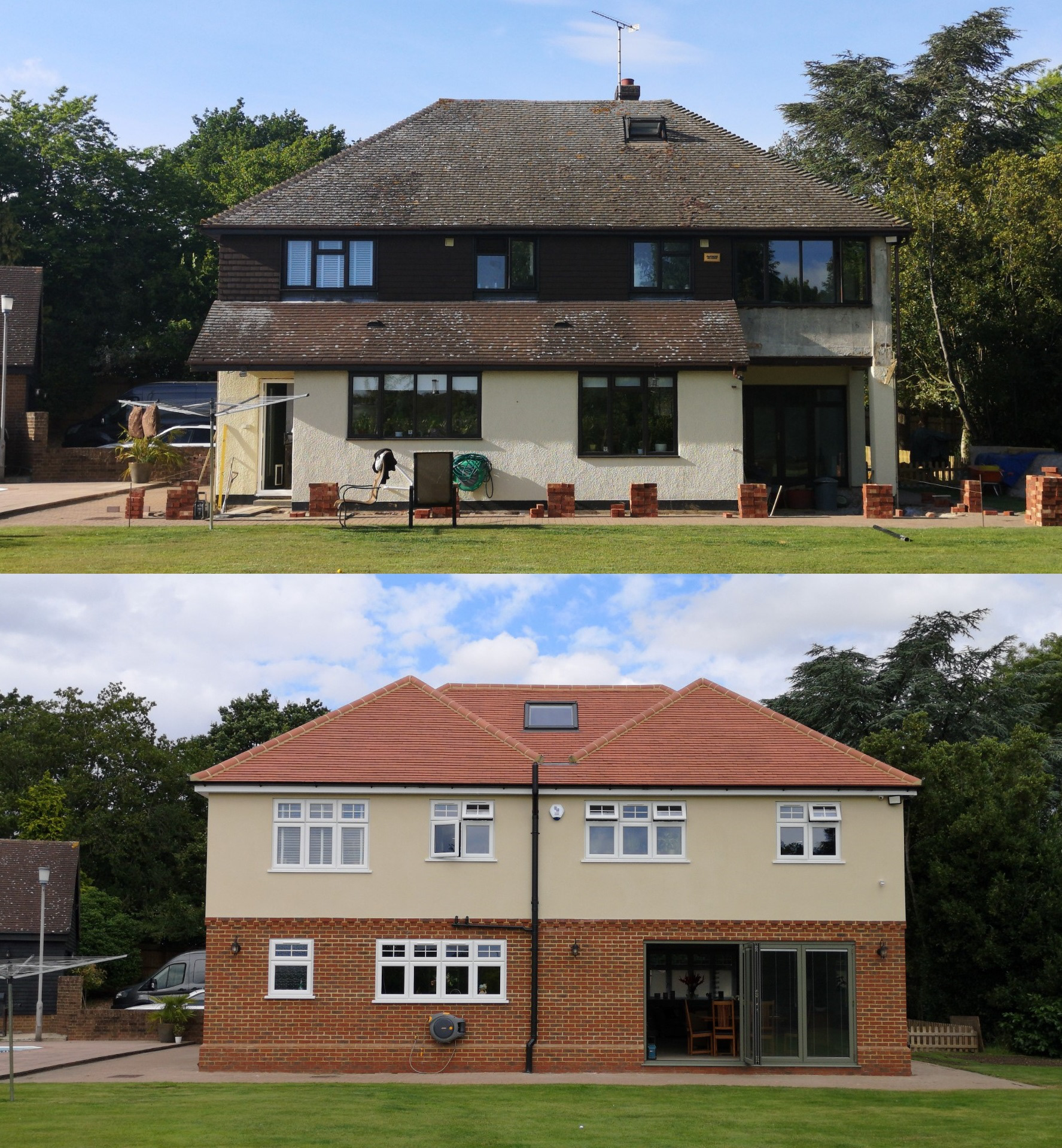 Double story extension to the rear of the property, new roof lines created, new velux, new windows and bi-fold doors installed
