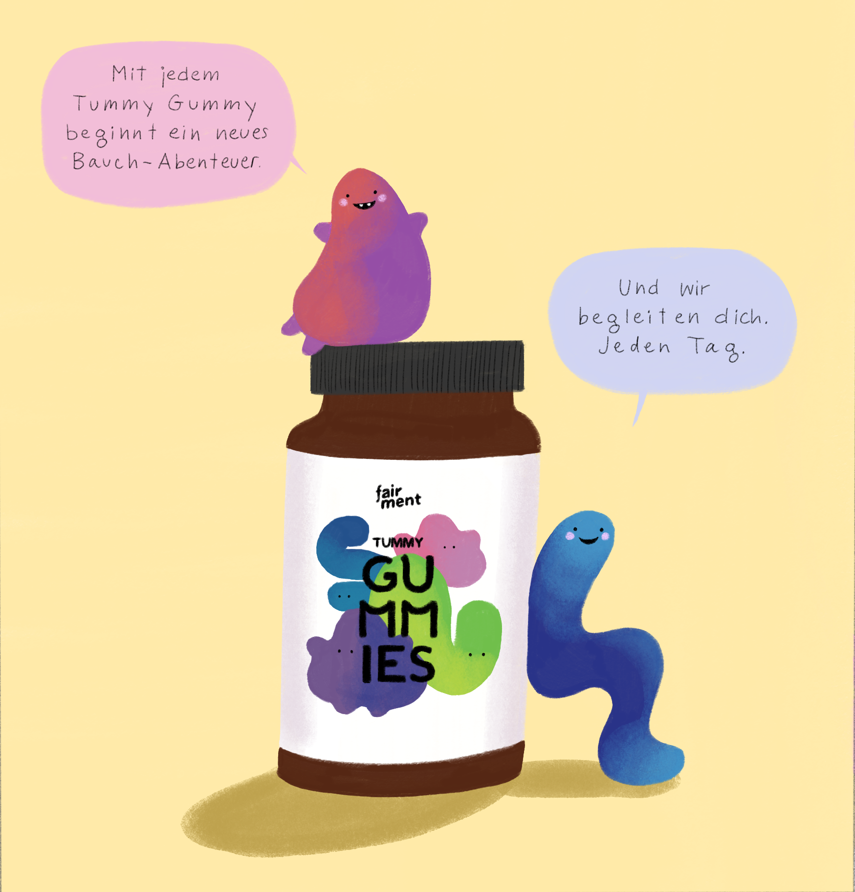Einezelseite aus dem Kinderbuch Die Reise der Tummy Gummies von Raphaela Dogan für fairment