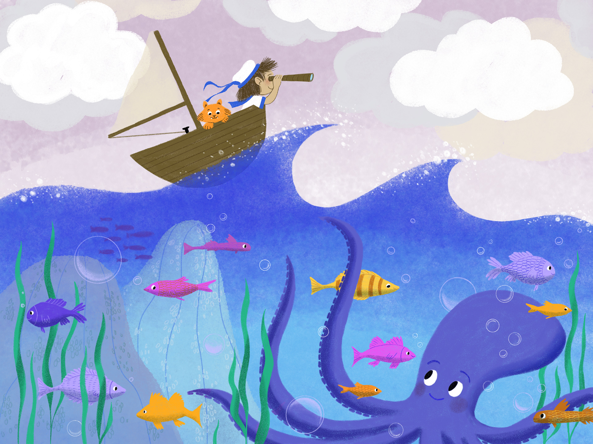 Ein kleiner Matrose sitzt mit seiner Katze im schaukelnden kleinen Segelboot und schaut durchs Fernrohr übers Meer. Unten schwimmen Fische und ein Krake