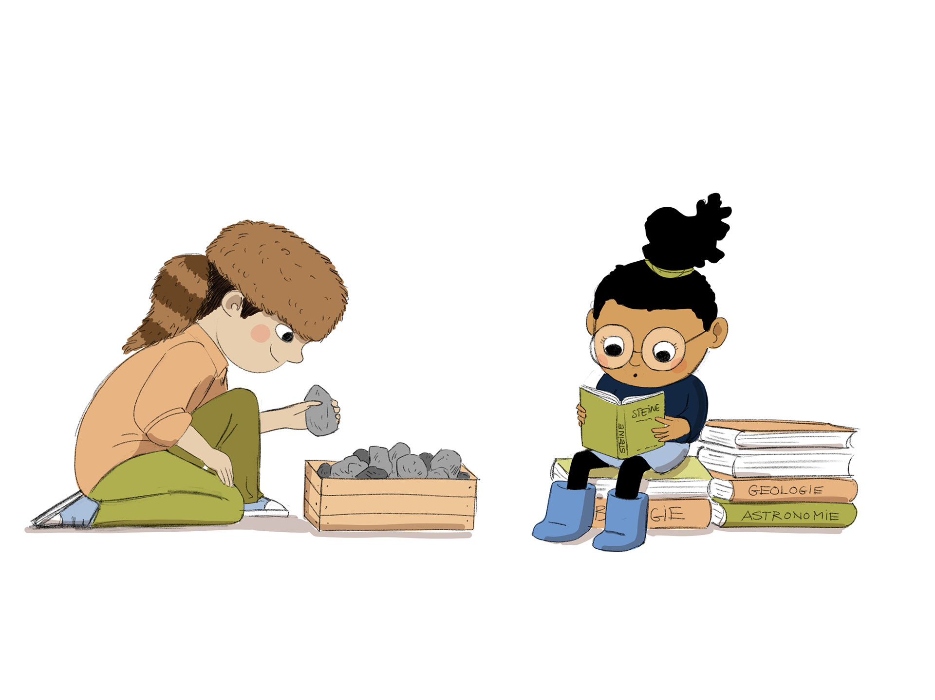 Ein kleiner Jugendliche untersucht Steine und ein kleines Mädchen liest ein Buch über Steine