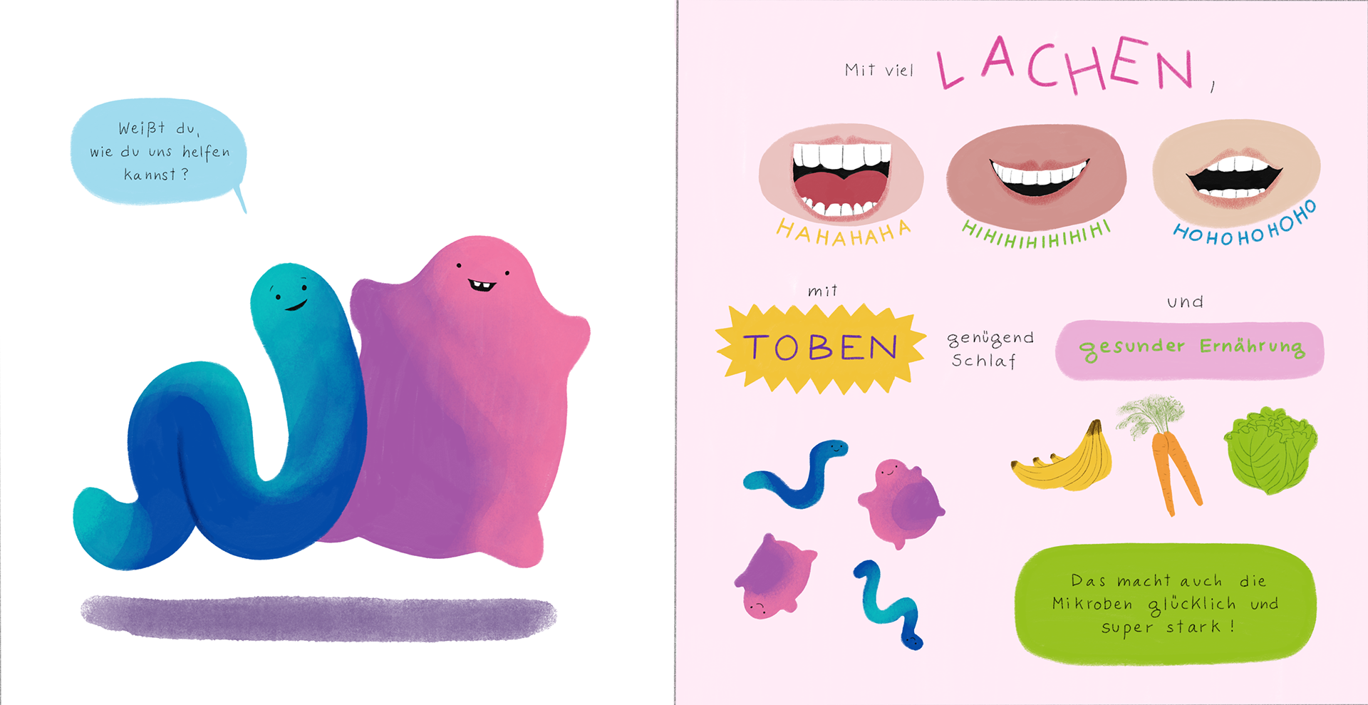 Doppelseite aus Die Reise der Tummy Gummies, Kinderbuch von Raphaela Dogan für Fairment