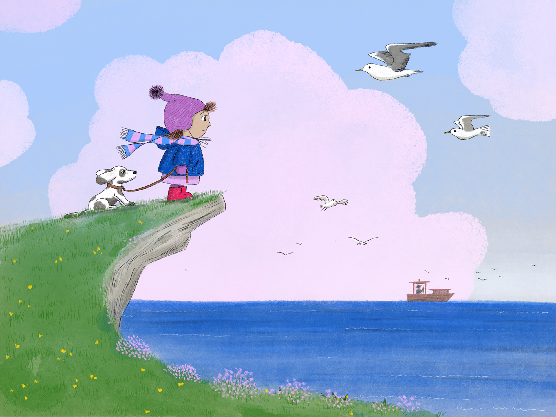 Ein kleines Mädchen steht mit ihrem süßen Hund an der Leine an einer Klippe und blickt sehnsüchtig auf das weite Meer