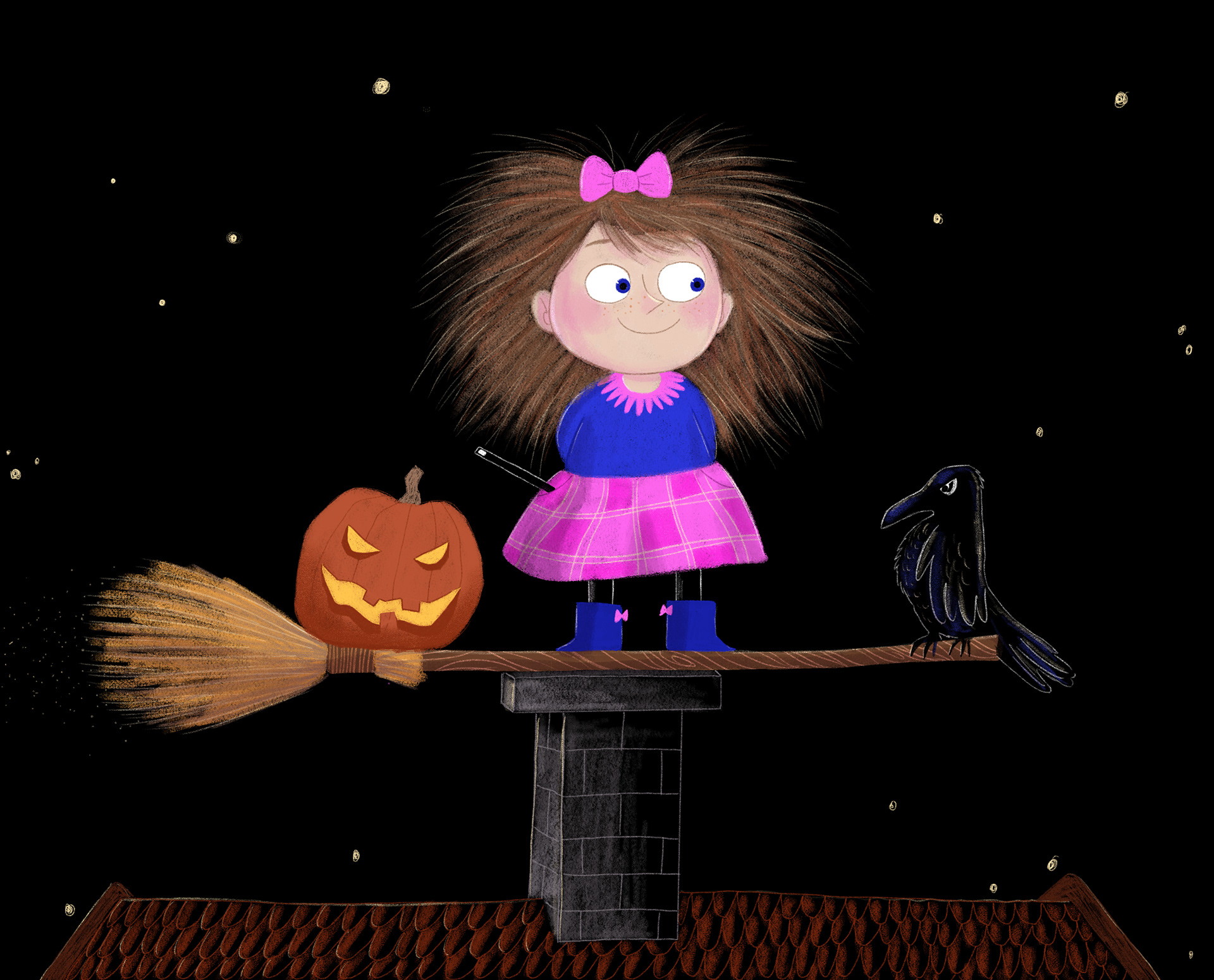 Kleine Hexe schaut steht fröhlich mit ihrem Besen auf dem Schornstein