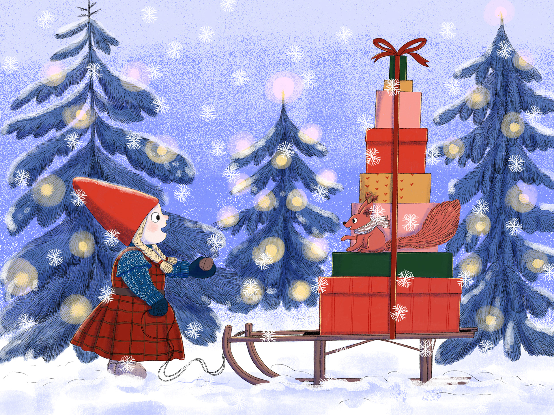 Nordisches Mädchen in Trachtenkleidung hält einem Eichhörnchen eine Walnuss hin. In der anderen Hand hält sie die Zugleine eines Schlittens, beladen mit Weihnachtsgeschenken.