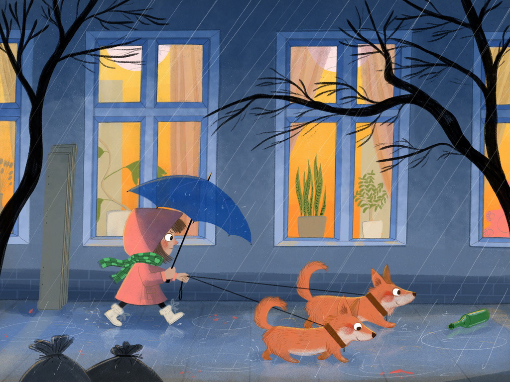 Kleines Mädchen geht mit zwei Corgies im kalten Regen spazieren